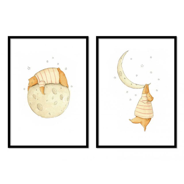 2 Art-Posters 30 x 40 cm - Duo Bear on the moon - Mike Koubou - 30 x 40 cm