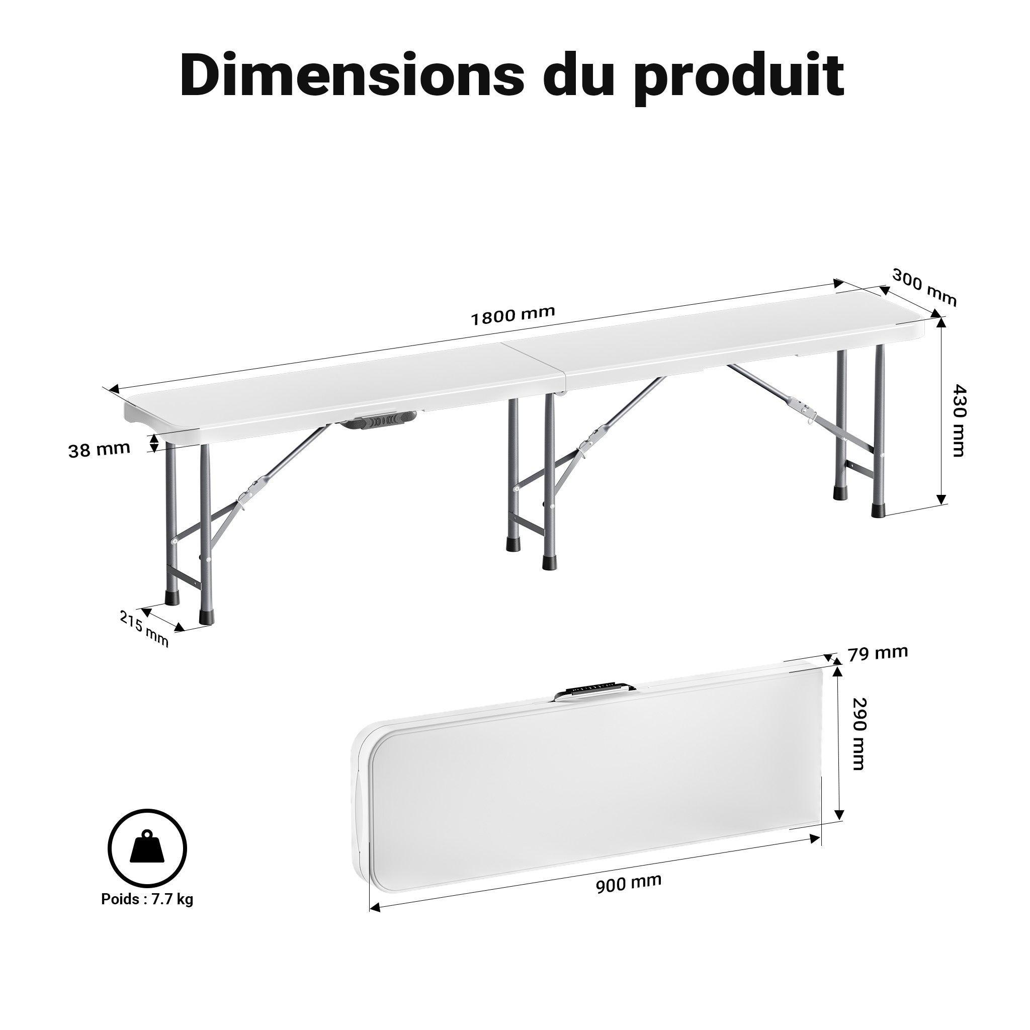 Banc de camping pliant, 1800 x 300 x 430 mm, 3 Places, en acier et PE-HD, Banc léger pour jardin extérieur Fête BBQ Barbecue Wiltec - 3
