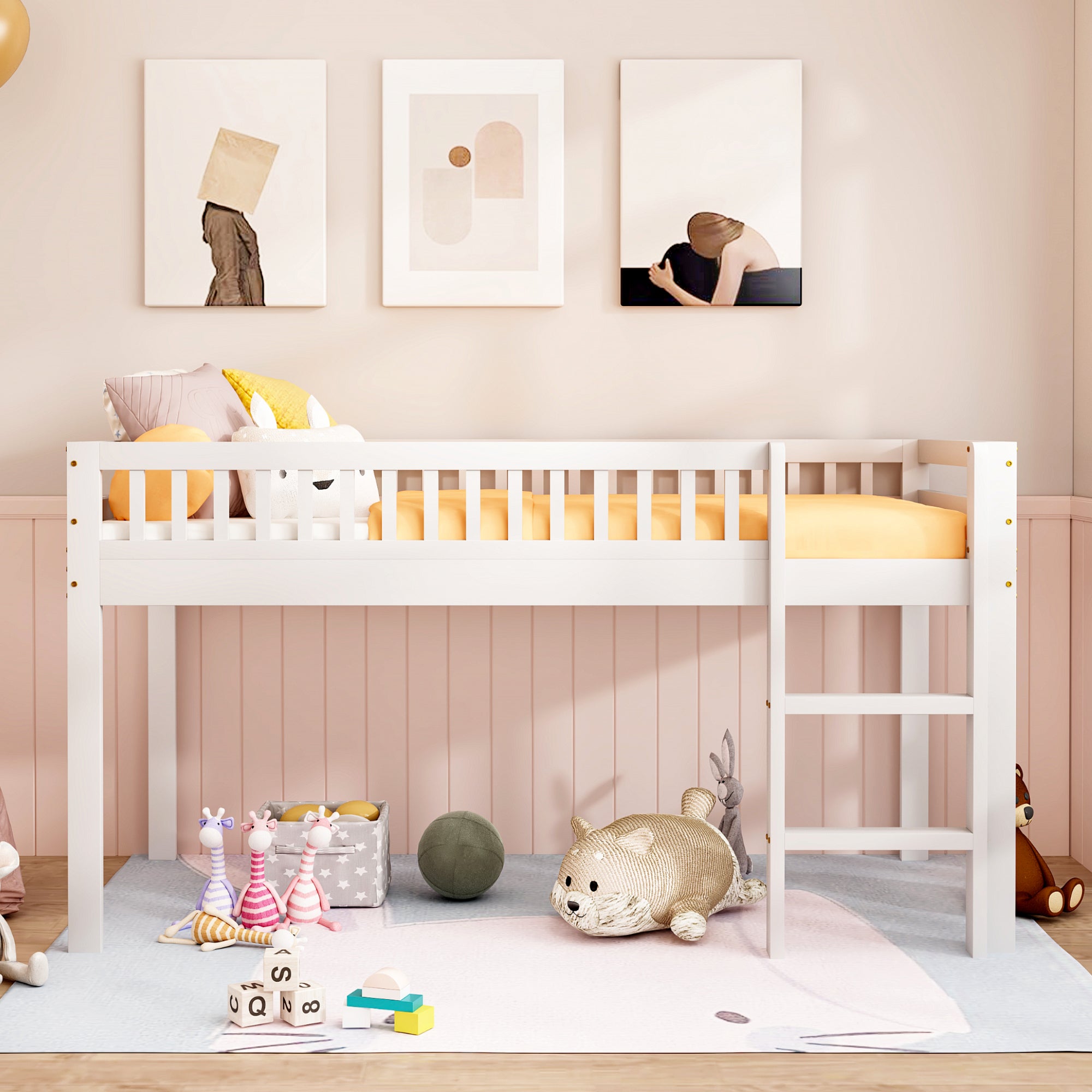 Lit enfant 90 x 200 cm, cheminée avec sommier à lattes, pin, gris
