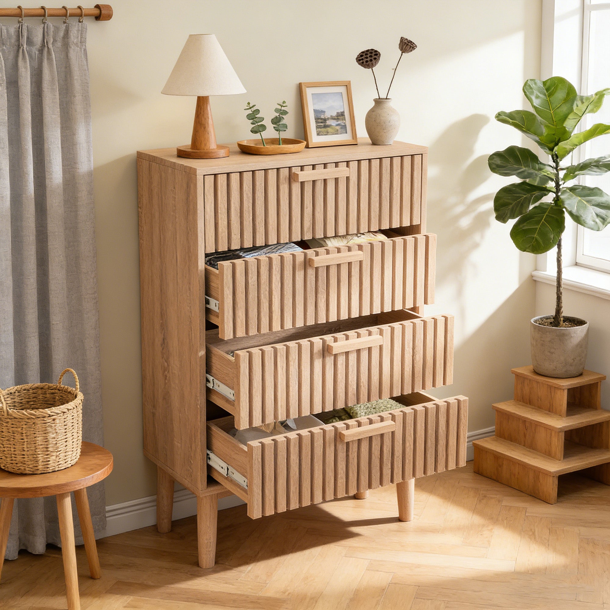 Commode avec 4 tiroirs, COZY, commode de chambre en bois, pieds en bois, 60x34x91 cm, Aspect bois, pour chambre salon, Bois clair - 3