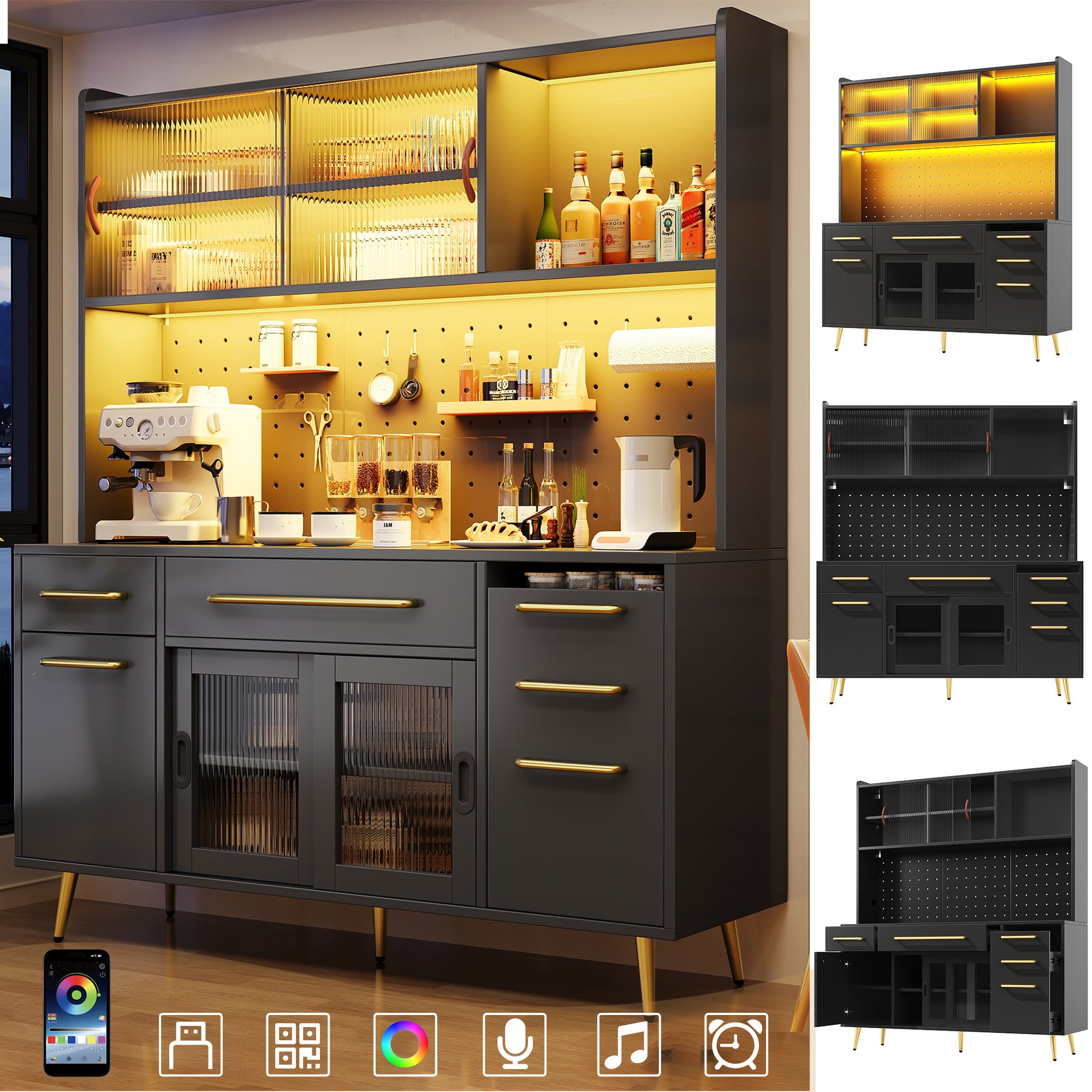 Wysoka komoda kuchenna z 5 drzwiami, 4 szufladami i ścianką perforowaną - 145 x 39 x 171 cm - MDF + szkło - diody LED - czarna