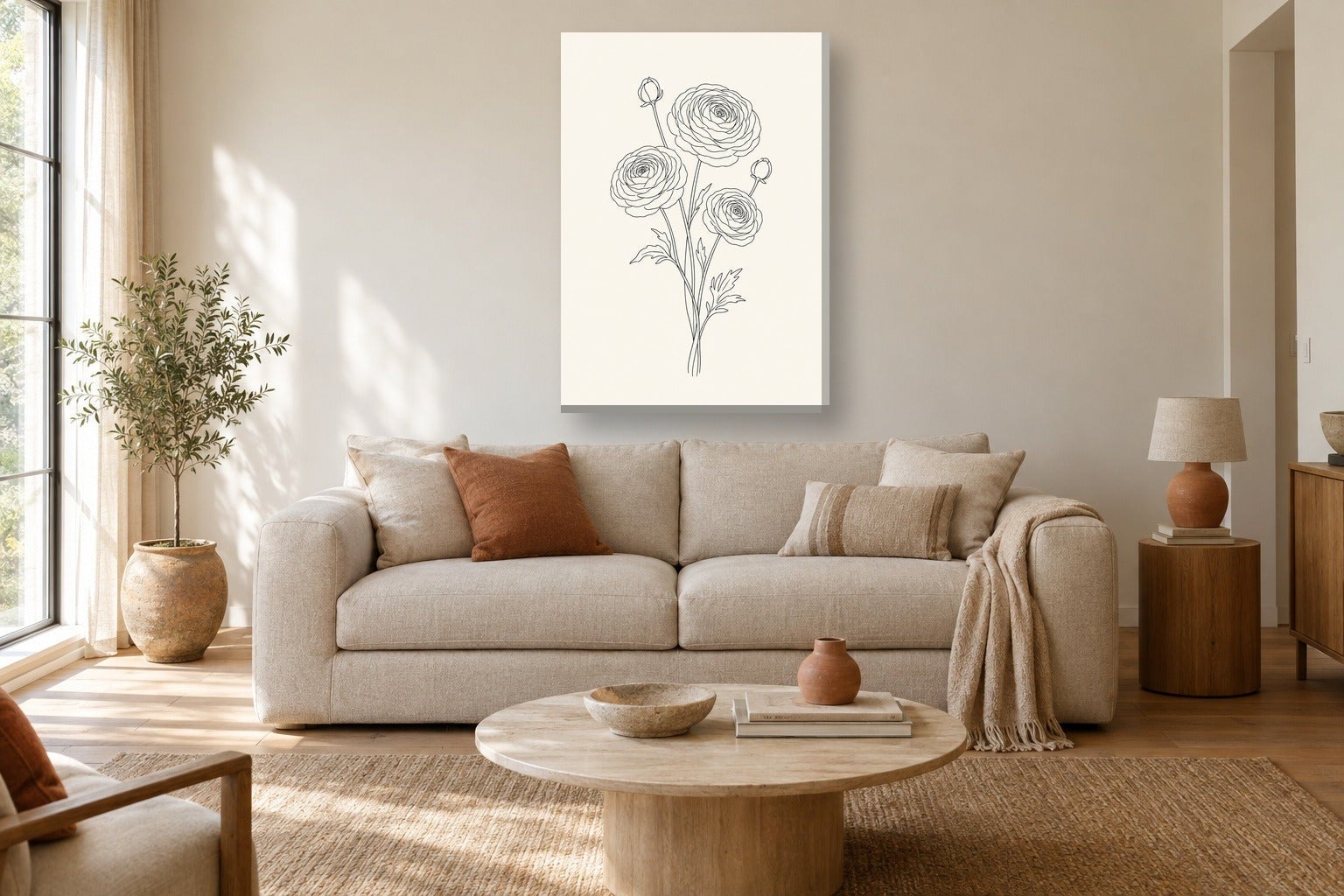 Tableau floral à l’aquarelle «Renoncules, line art» en affiche avec ...