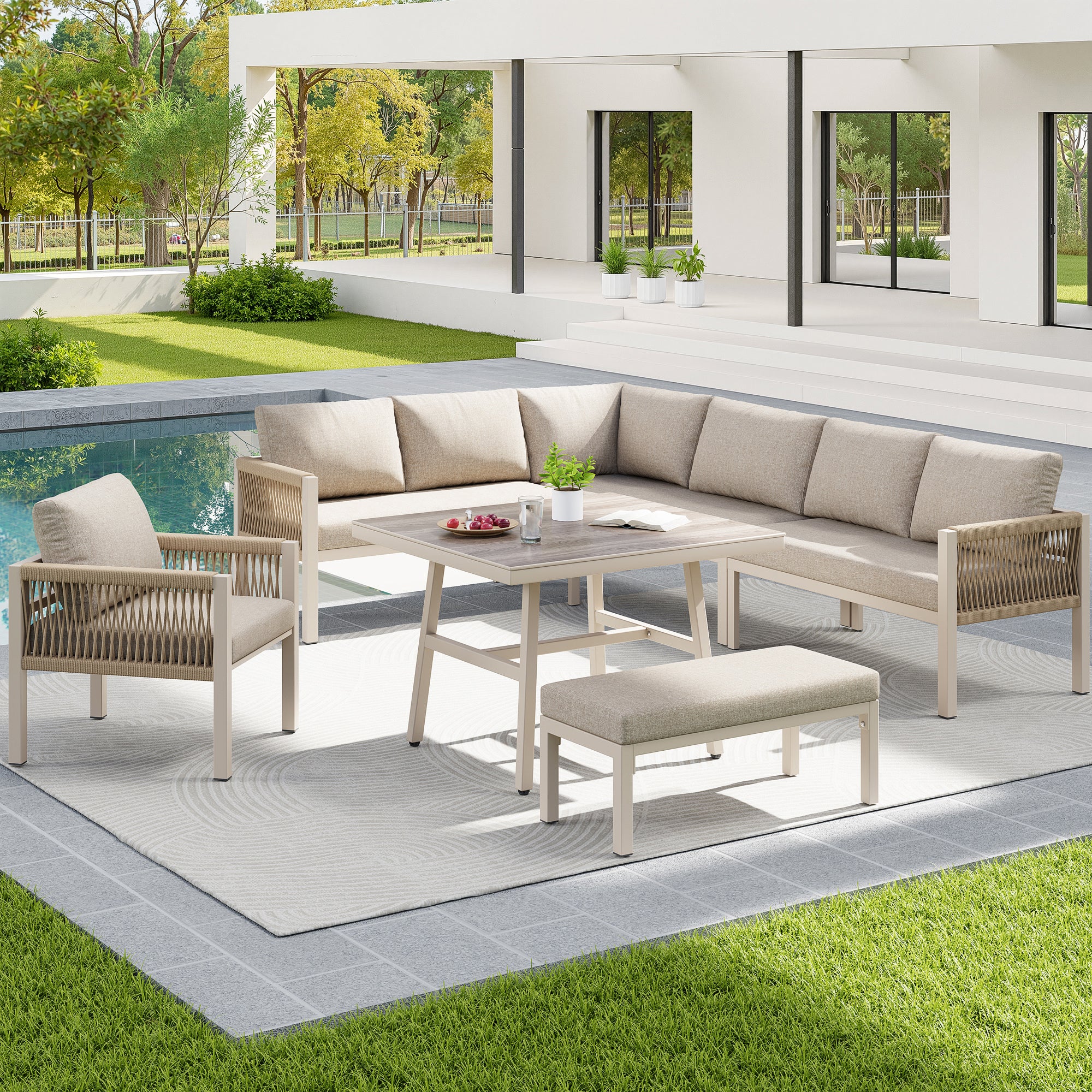 Canapé de jardin en forme de L, jusqu'à 8 personnes, armature en fer avec revêtement, résistant aux intempéries, beige - 3