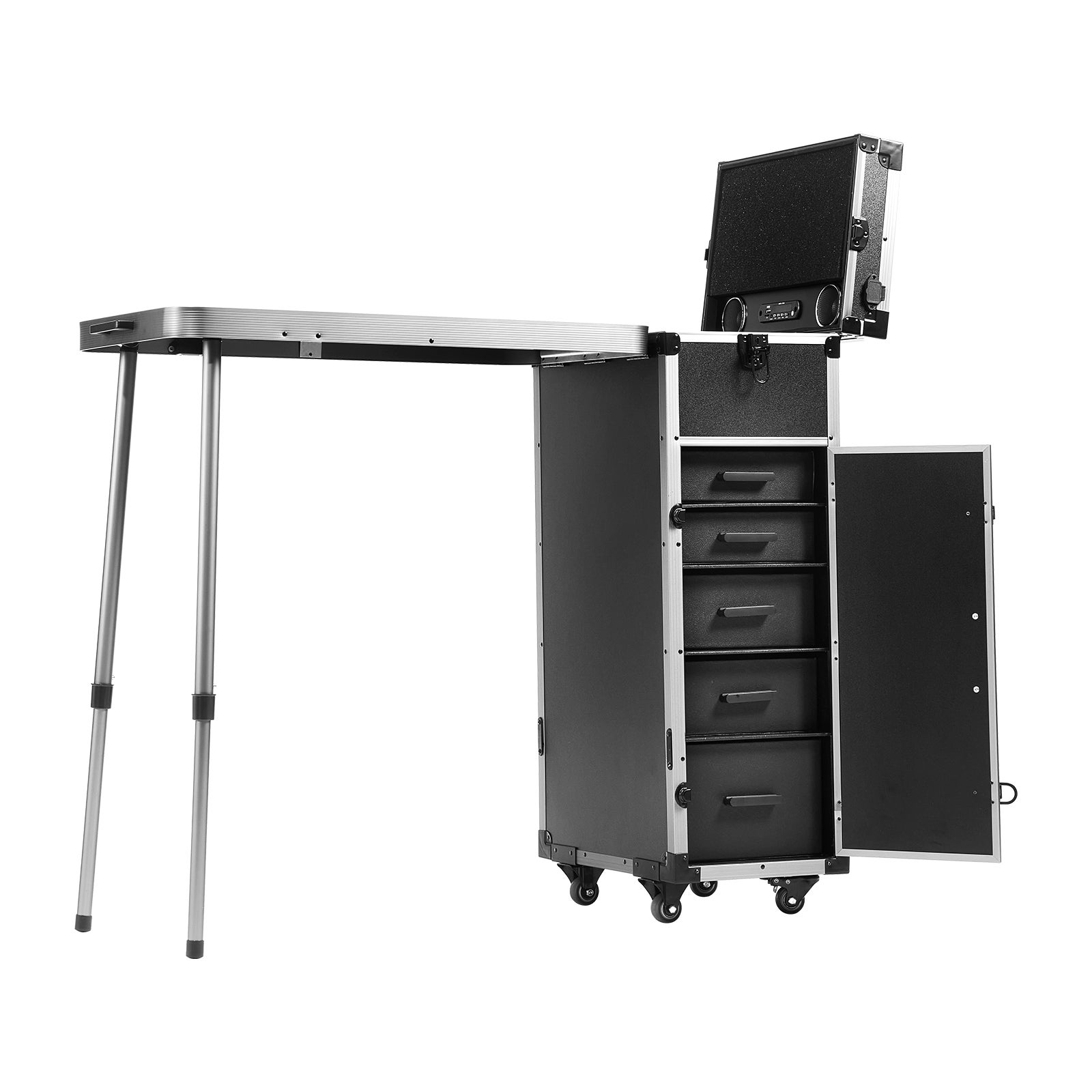 Chariot Organisateur De Maquillage 3 Tiroirs - Aluminium Noir Avec Roues Et Cadenas