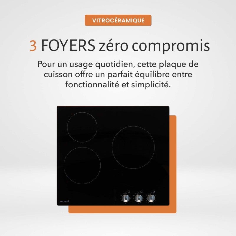 Plaque de Cuisson Vitrocéramique 3 Foyers - 5200W - Commandes par Manettes - Boutons Encastrable Contrôle Mécanique Facile - 2