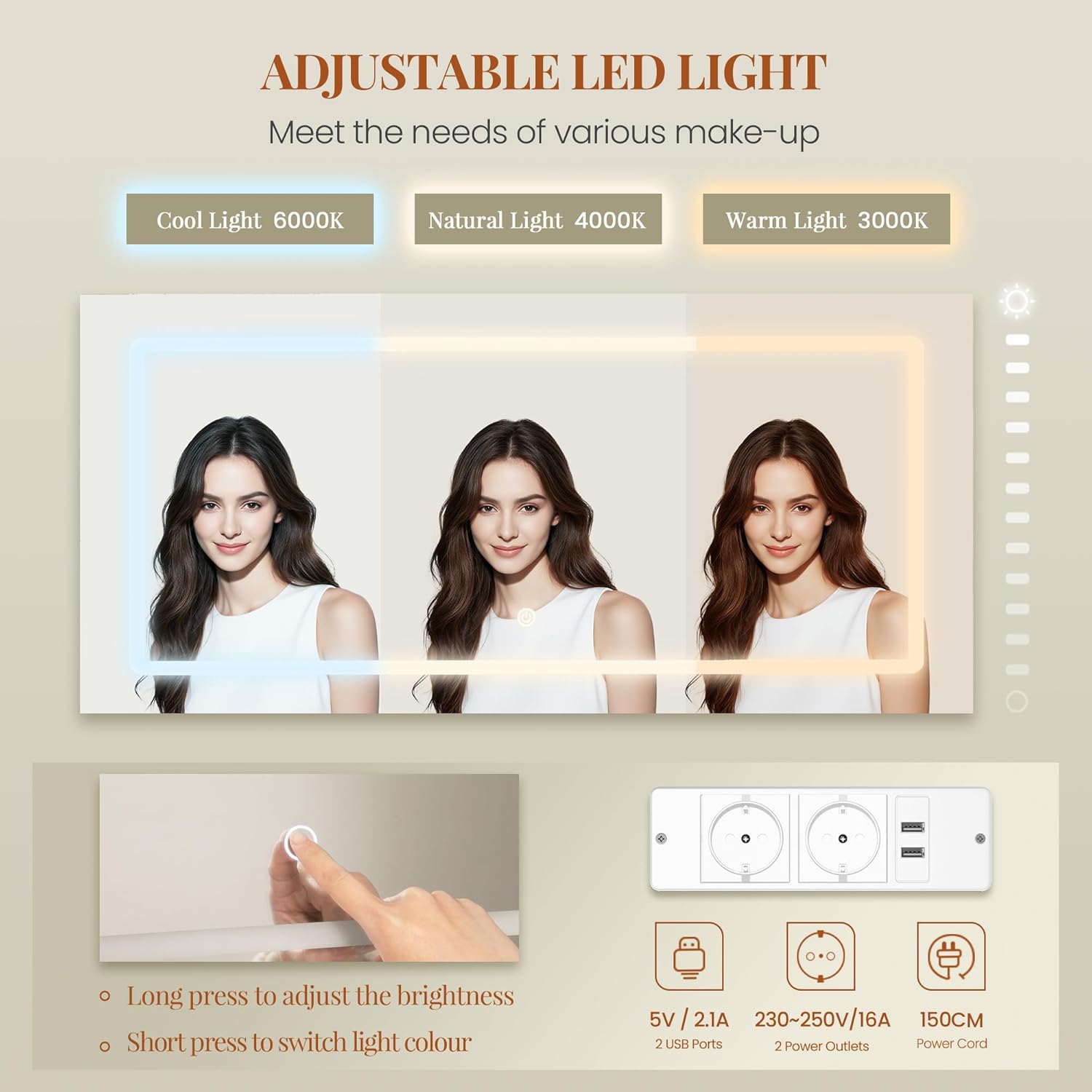 135cm Coiffeuse avec Miroir, 3 Lumières LED à Luminosité Réglable, Prises de Courant, Support pour Sèche-Cheveux, 8 Tiroirs et Étagères, Blanc-Argent - 4