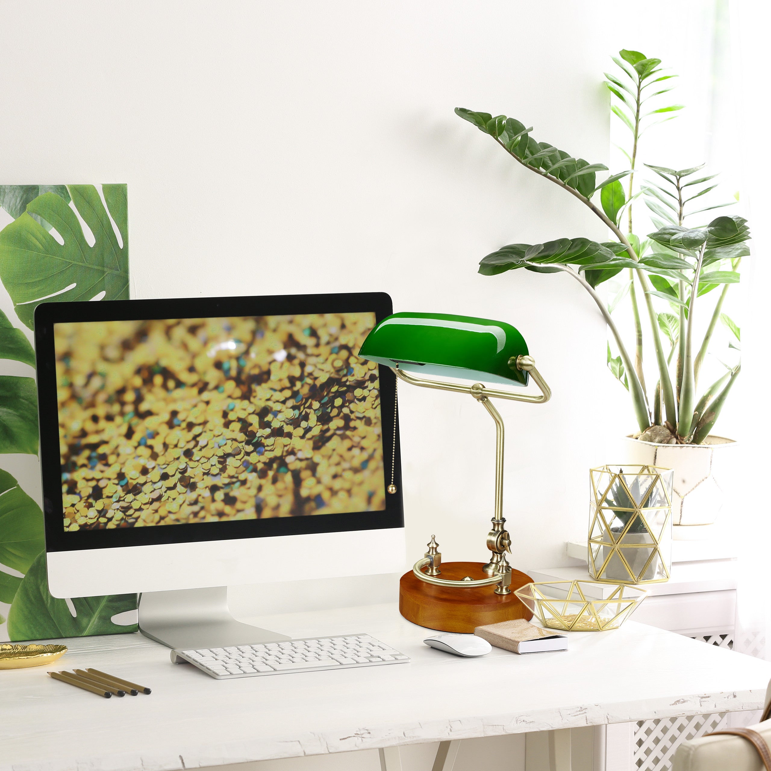 Lampada Da Tavolo Ministeriale Verde Retro - Effetto Ottone, Regolabile, 52cm