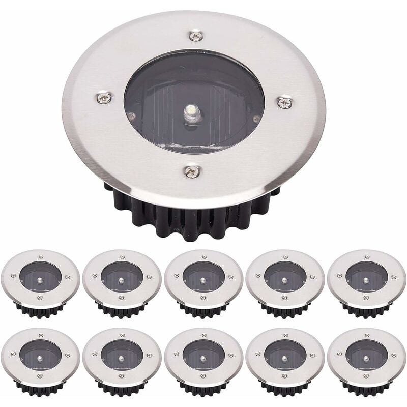 LED Lampa solarna gruntowa 10 sztuk, Latarnie uliczne, Światło wpuszczane, wodoodporność IP65 (Biały Zimny, Okrągły) [Klasa energetyczna A+]