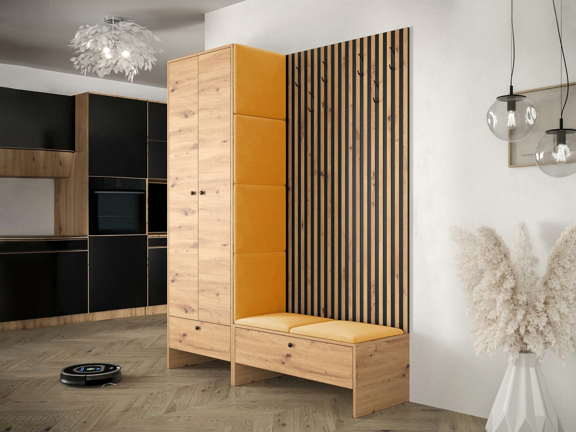 Meuble d'entrée Donio III, 206x145x44cm, Chêne Artisan, Noir, Stratifié, Tissu, À poser - 2