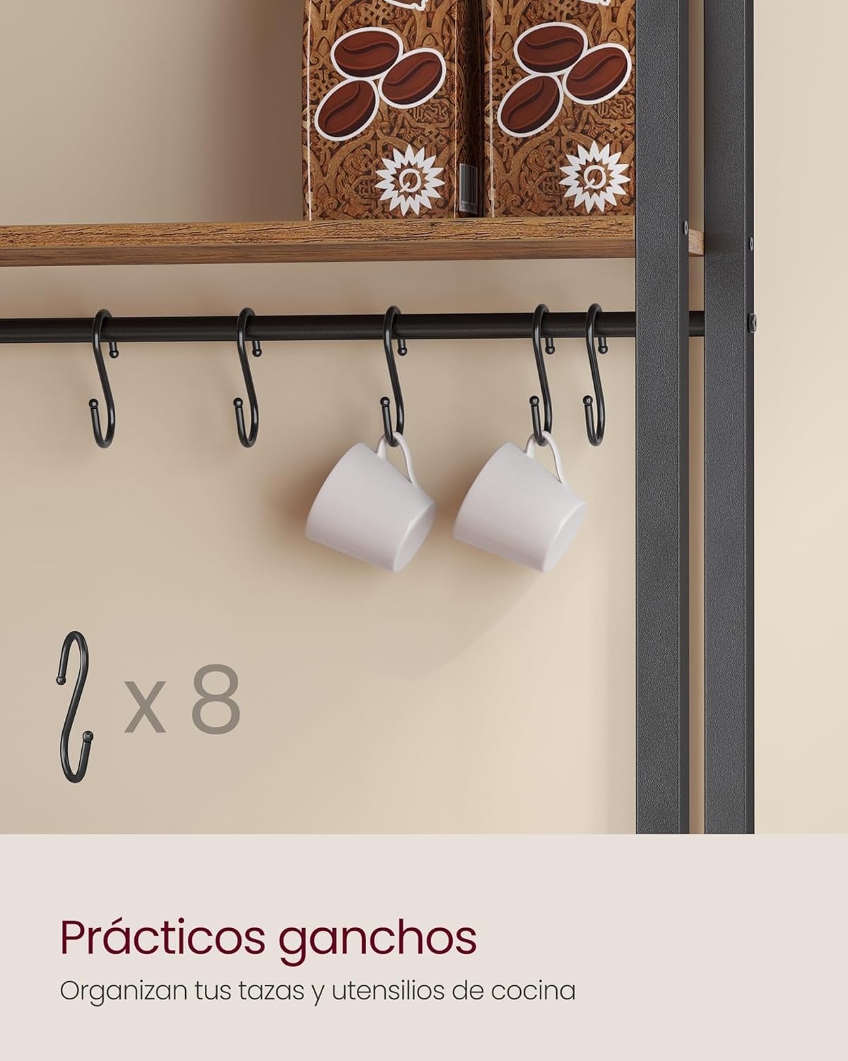 Mueble auxiliar de cocina con enchufes, estantería para microondas con ganchos, estilo industrial - 6
