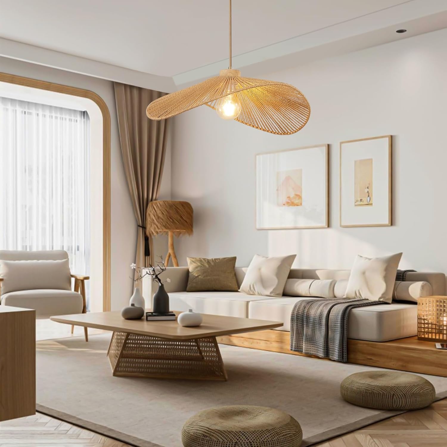 BEAFACE Deux suspensions LED en rotin tressé - 3000K, luminaires décoratifs de style vintage, adaptés à la salle à manger, au salon et à la chambre. - 7
