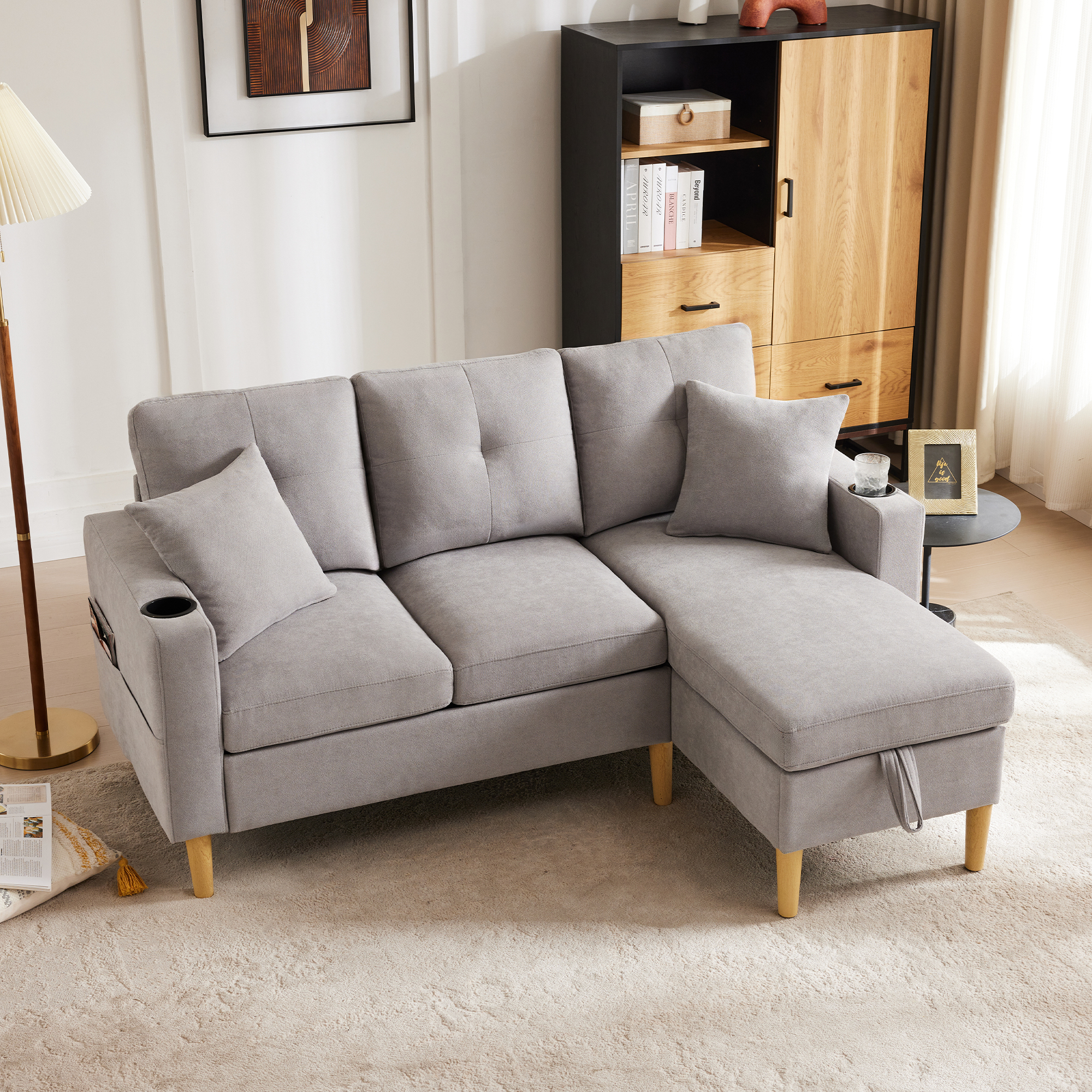 Nowoczesna sofa 3-osobowa w kształcie litery L - z 2 uchwytami na kubki - 2 poduszkami - ze schowkiem - jasnoszara