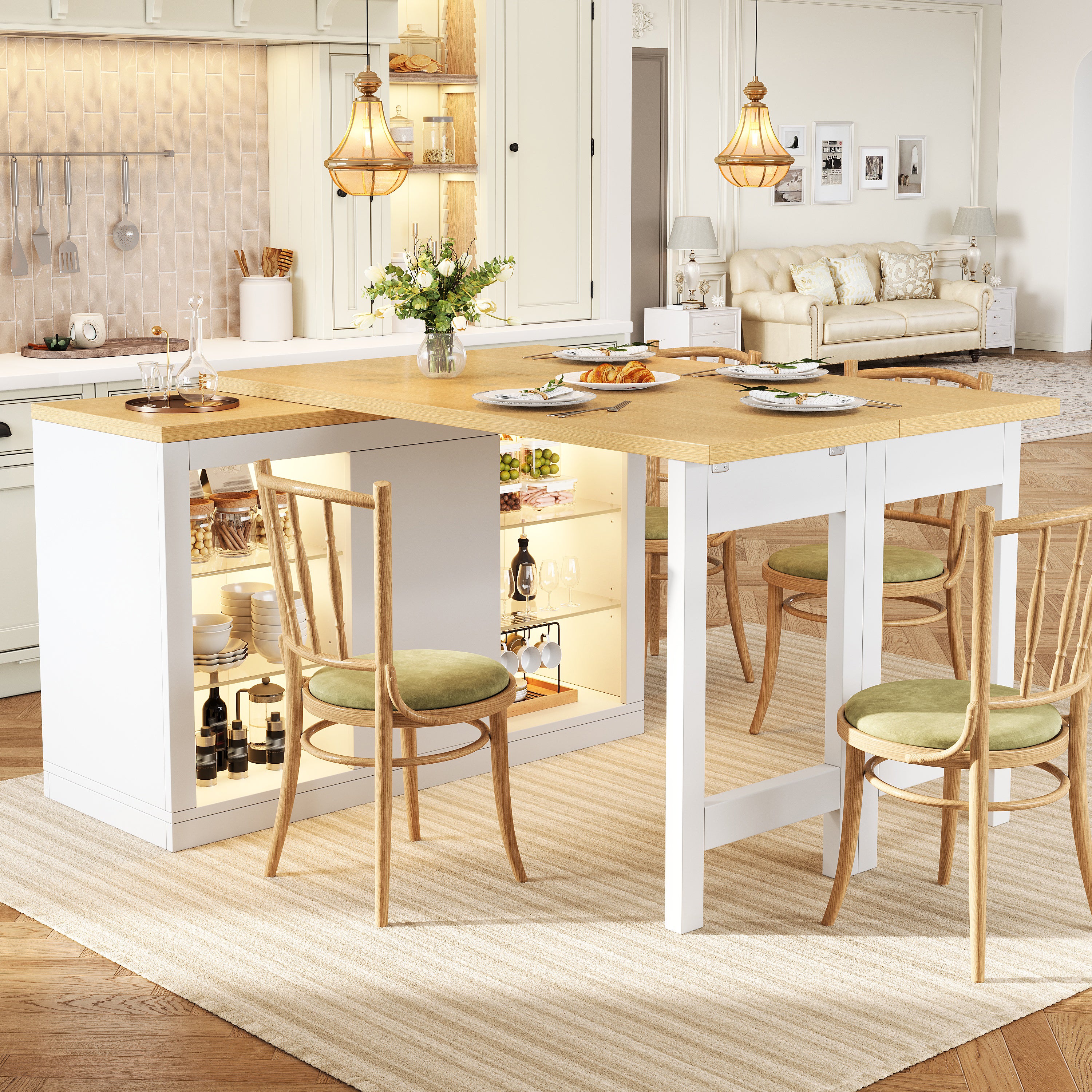Ilot Cuisine Extensible 120-197*40*72cm cm avec Table à Manger, Pivotant 360°, LED RGB App, Portes Magnétiques et Étagères en Verre, Blanc - 3