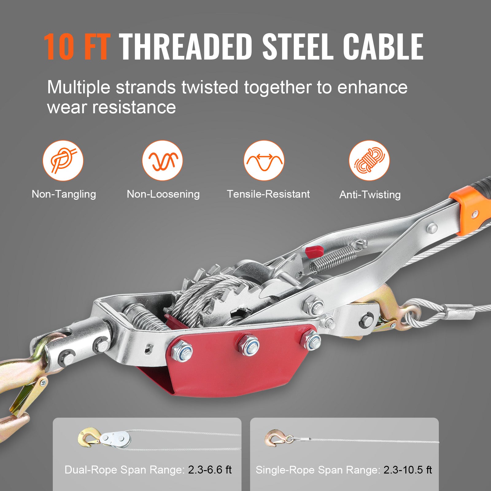 Guincho Forte VEVOR 4 Toneladas,Manual com 3 m de Corda de Aço e 3 Ganchos,Ferramenta de Doble Engrenagem,Resgate de Veículos - 3