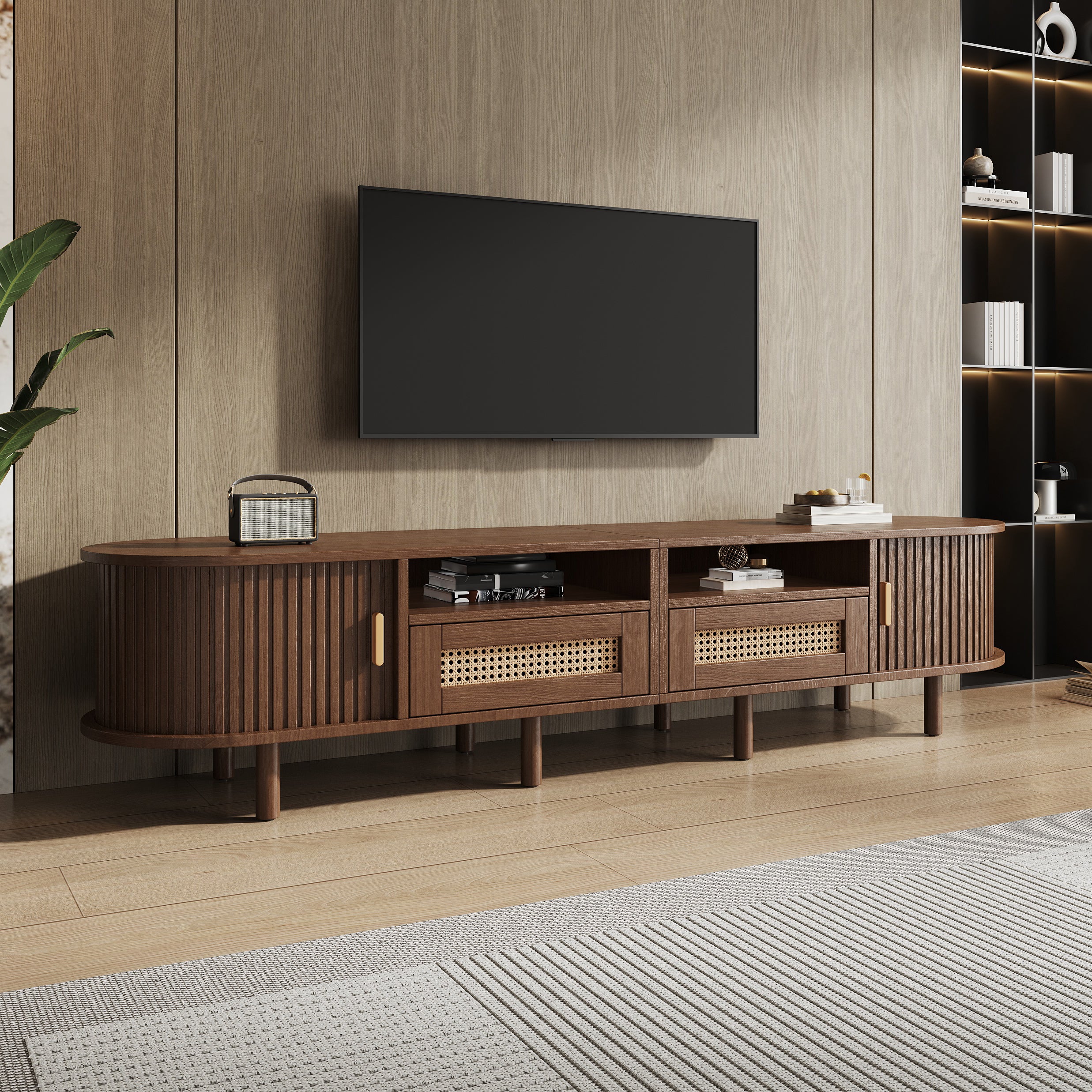 Stolik pod TV 170x40x40cm - z 2 szufladami rattanowymi - 2 drzwiami przesuwnymi - MDF - brązowy - 2