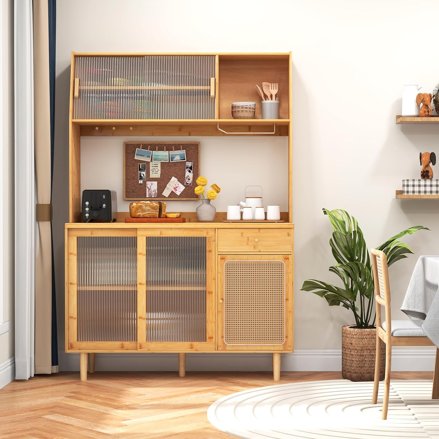 Credenza da Cucina, Mobiletto da Cucina con Anta in Vetro Temperato, Cassetto, Scaffali Aperti e Ganci, in Bambù, per Sala da Pranzo, Cucina, - 3