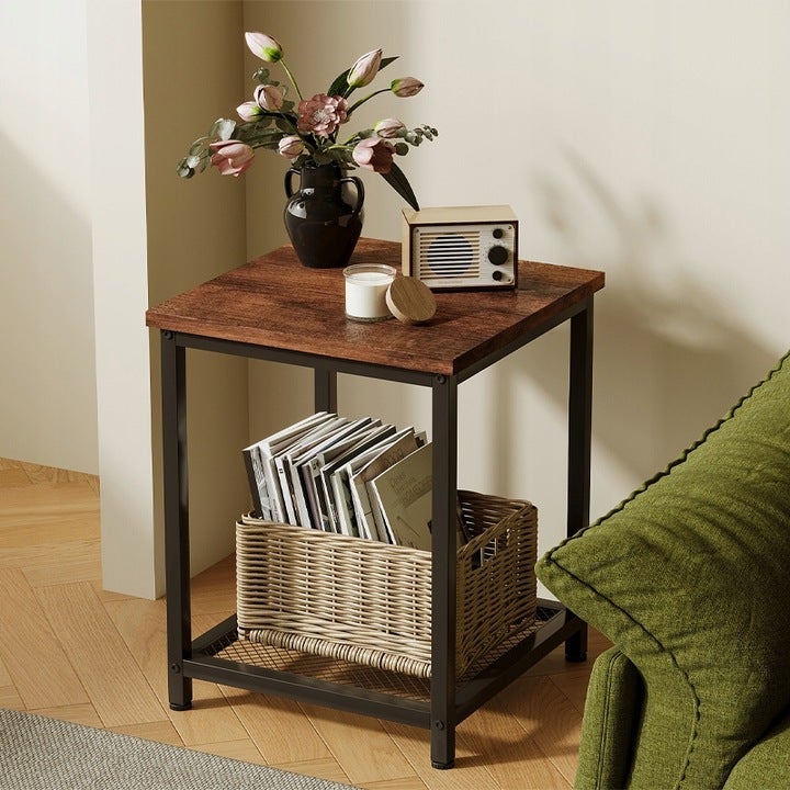 STOLIK KAWOWY KWADRATOWY POMOCNICZY BOCZNY Z PÓŁKĄ RETRO VINTAGE LOFT 55 CM - 6