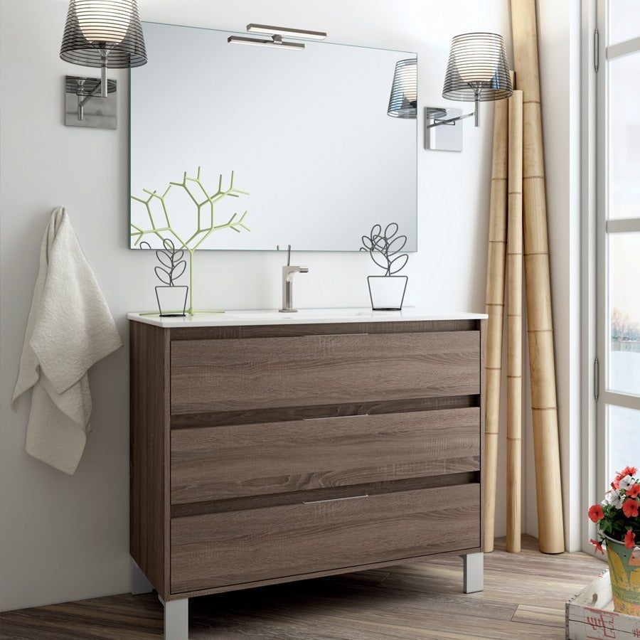 Ensemble meuble de salle de bain 80cm simple vasque + colonne de rangement TIRIS - britannia (chêne foncé) - 2