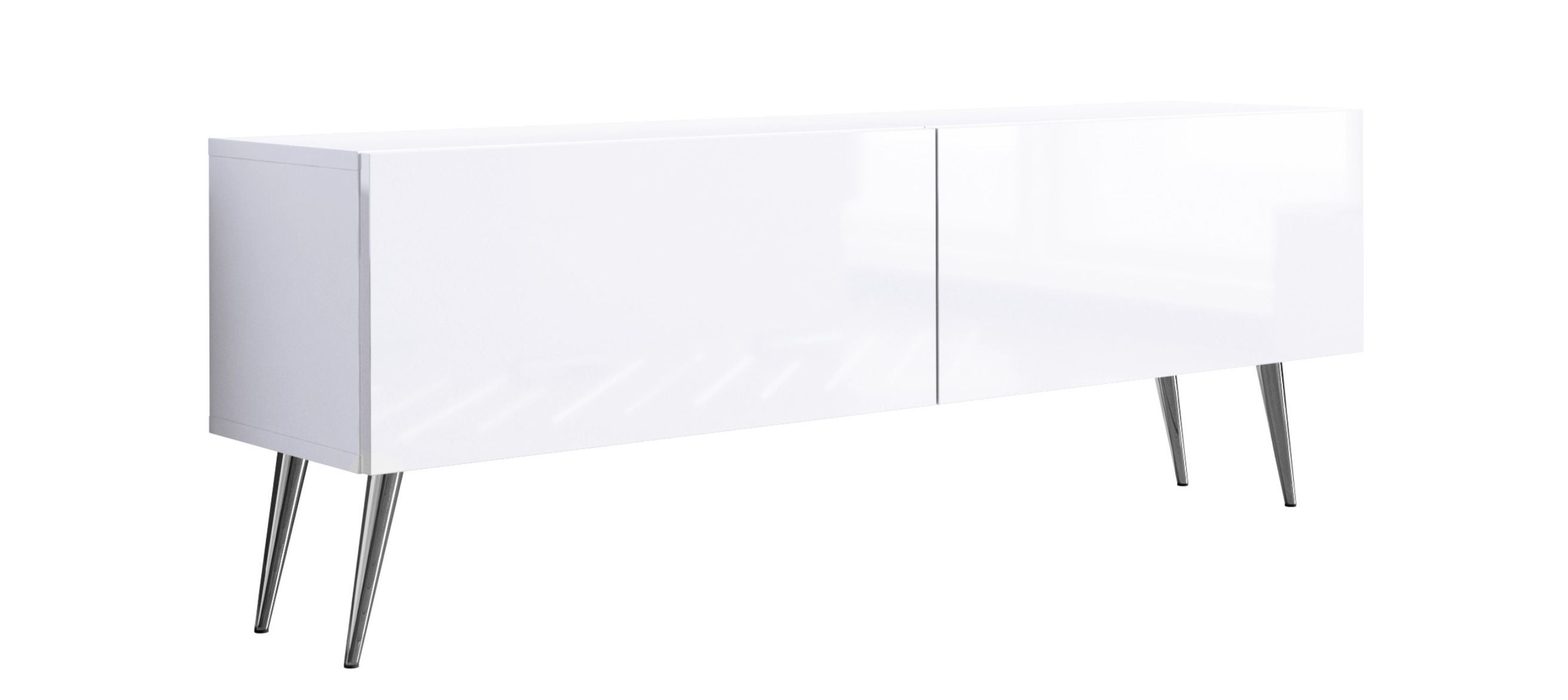 Szafka RTV : Biały Matowy / Biały Połysk, nogi chrom, 140 x 32 x 52 cm