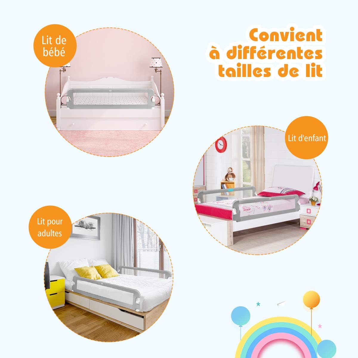Sponda Letto per Bambini 105/120/150 cm, Barriera di Sicurezza per Neonati, Barriera Letto Pieghevole e Portatile, con Cinghia di Sicurezza (B - 4