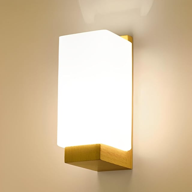 COMELY Appliques Murales en Bois Carrées E27, Lampe Murale avec Abat-Jour en Verre Blanc, Luminaire Intérieur pour Chambre Salon Salle de Bain Couloir