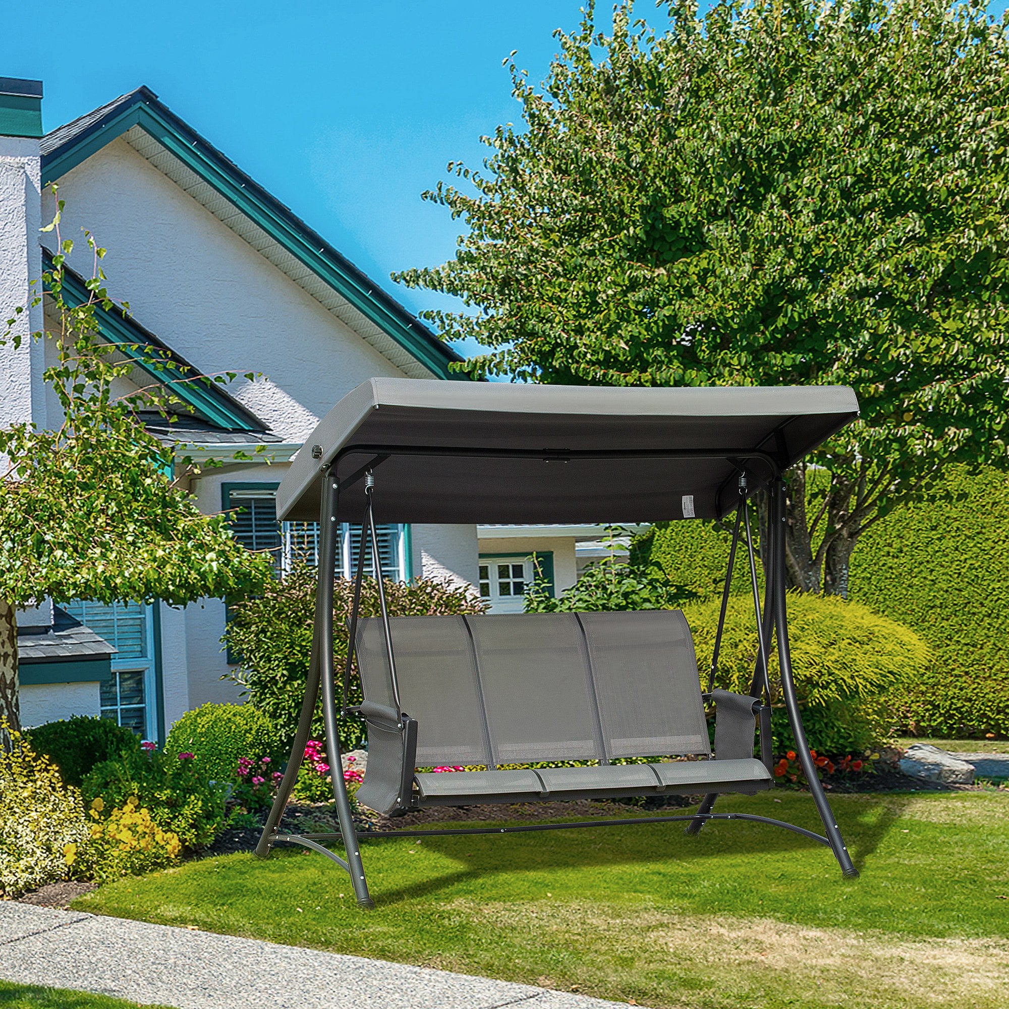 Outsunny Dondolo Da Giardino 3 Posti Con Tetto Regolabile – Struttura In Acciaio, 6 Cuscini Imbottiti, Capacità 320 Kg, Dimensioni 202x115x168 Cm, Colore Grigio Scuro