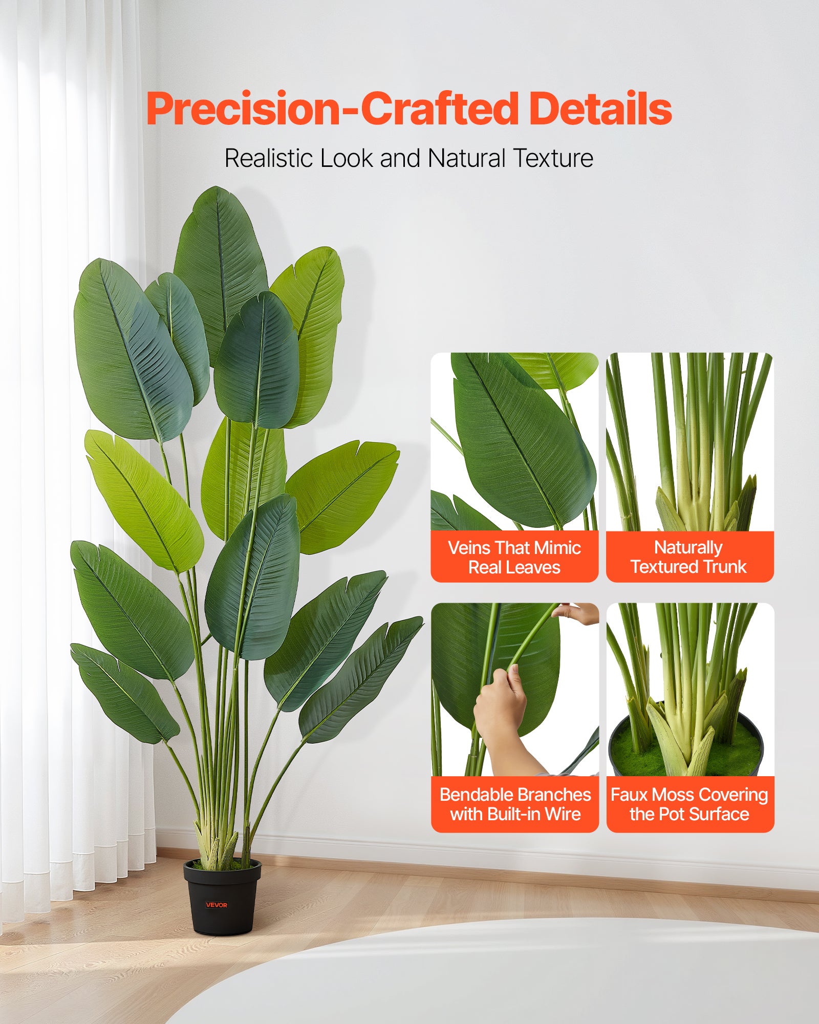Ave del Paraíso Artificial 1,8 m VEVOR, Planta Tropical en Maceta con Hojas PE para Salón, Oficina e Interior - 2