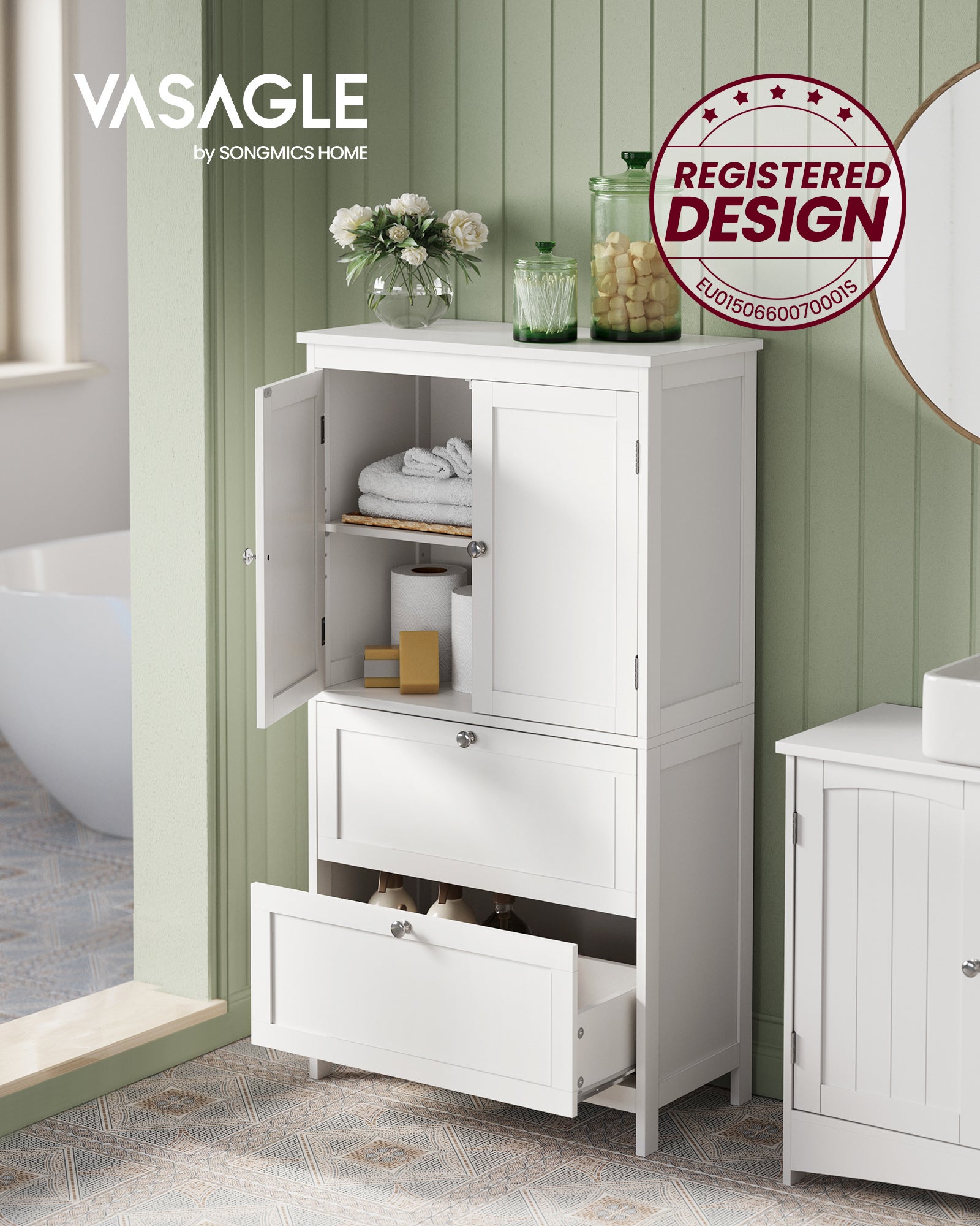 Armoire de Salle de Bain, avec 2 Tiroirs et 2 Portes, Étagères Réglables, 60 x 30 x 110 cm, Blanc - 2