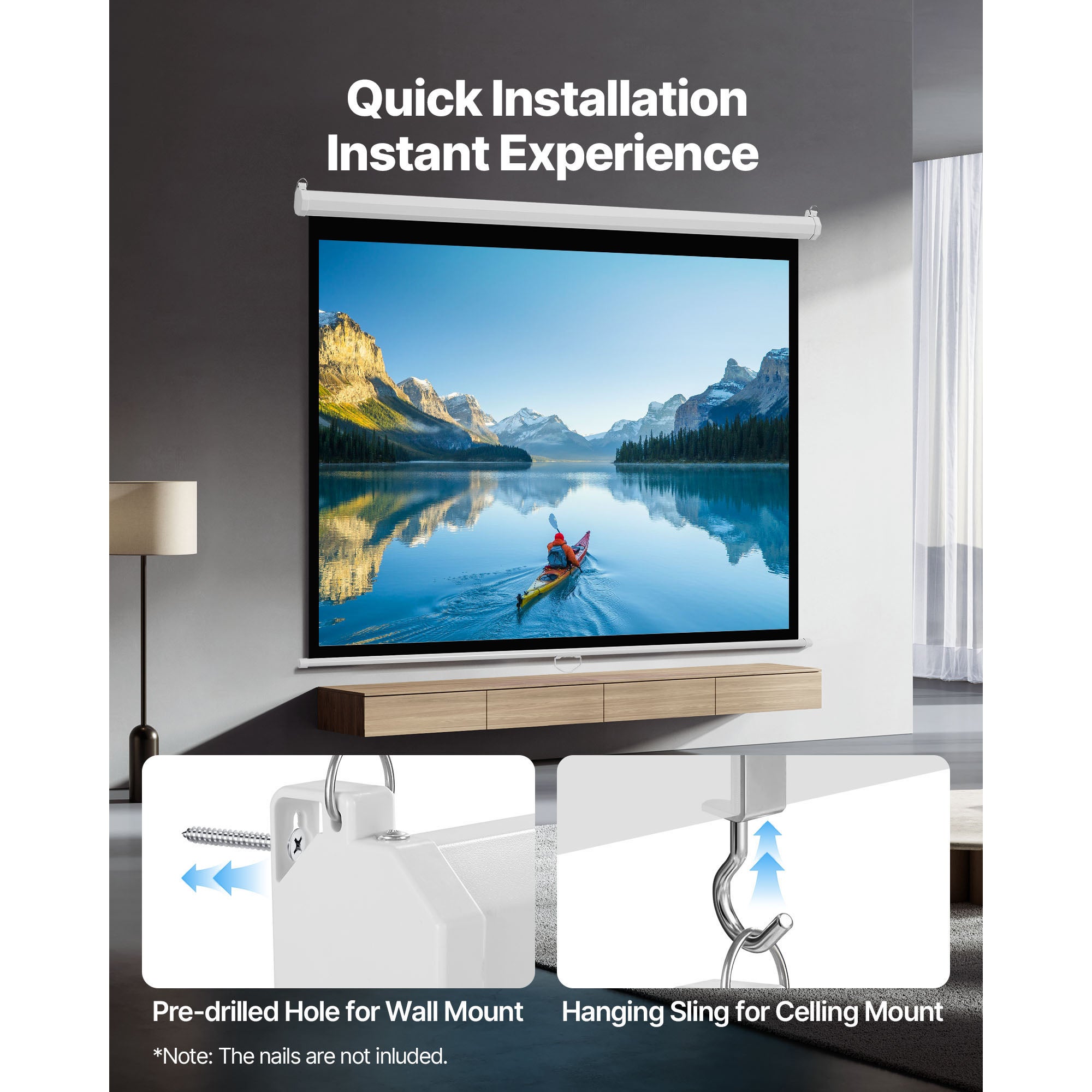 Ecran de projection SucceBuy manuel 1829 mm 4:3 4K 1080 HD, toile murale retractable avec cordon de traction, large angle de vision, ideal pour maison - 5