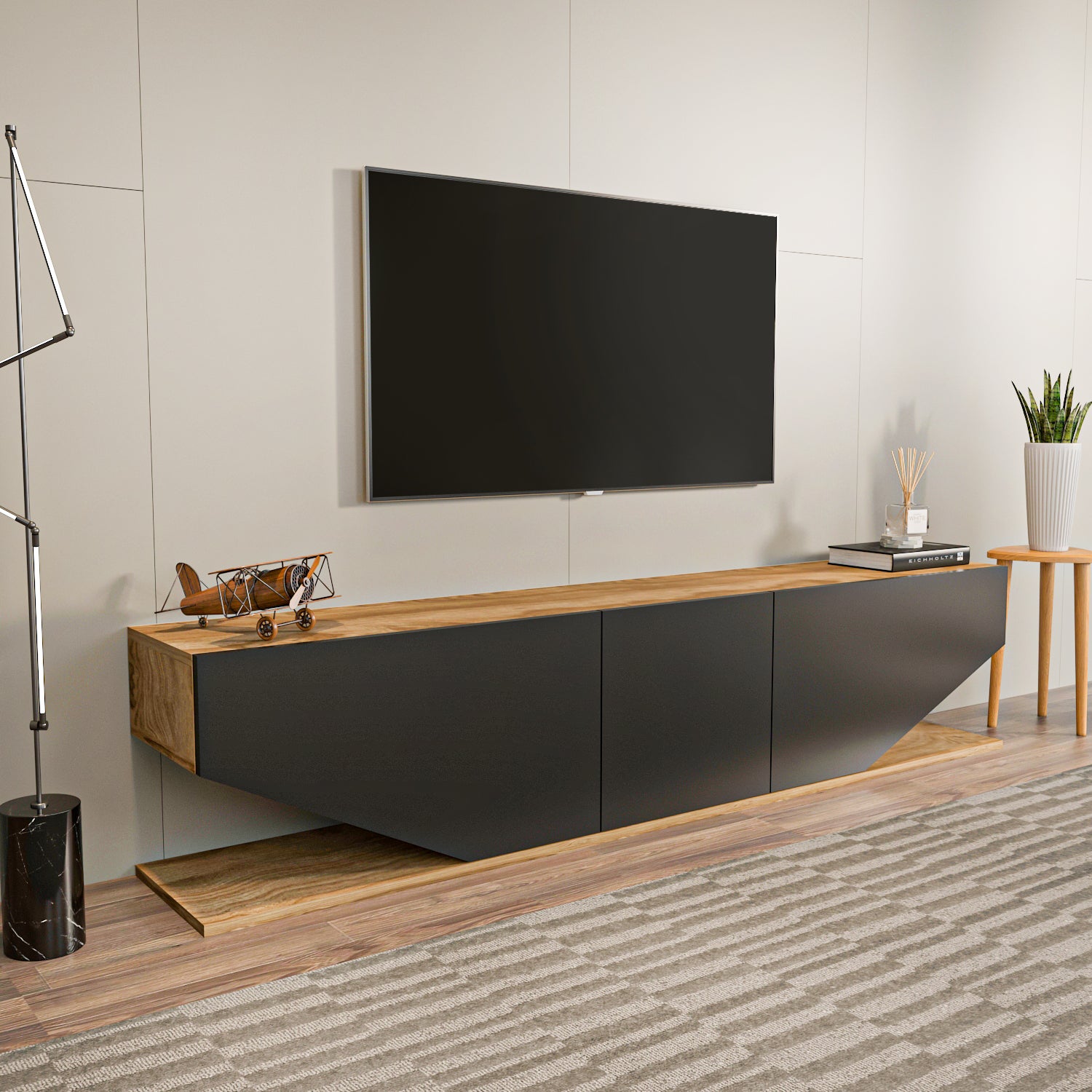 Meuble TV Pearl de 180 cm avec des armoires en style ailes (oud et noir) - 2