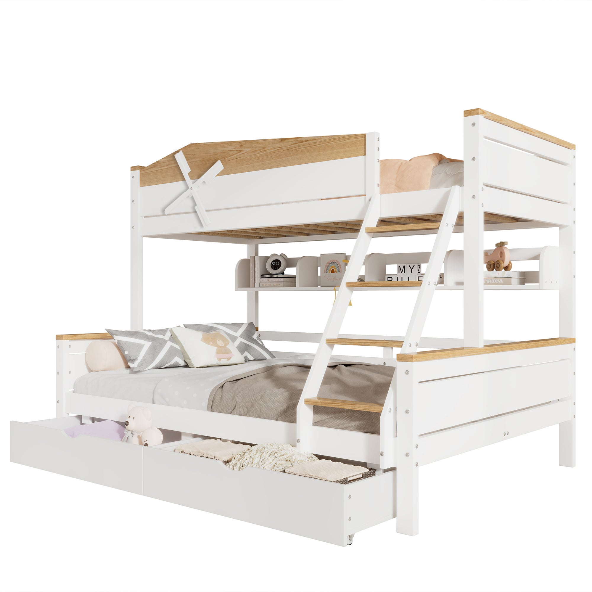 Lit Superposé, 90x200cm + 140x200cm, Barrière De Lit, Barrière De Sécurité, échelle, 2 Tiroirs Barriere Irreguliere Sans Matelas Blanc Et Naturel Lit Superposé, 90x200cm + 140x200cm, Barrière De Lit, Barrière De Sécurité, échelle, 2 Tiroirs Barriere Irreguliere Sans Matelas Blanc Et Naturel
