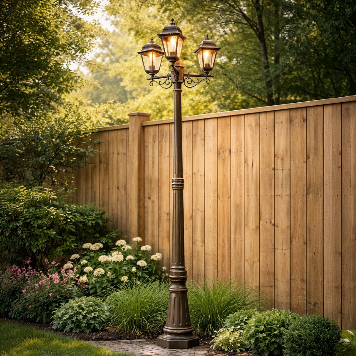 Qazqa classic-antique lanterne extérieure pour jardin - Capital - doré/laiton, max. 15w, e27, 216cm, IP44, à 3 lumières - 2