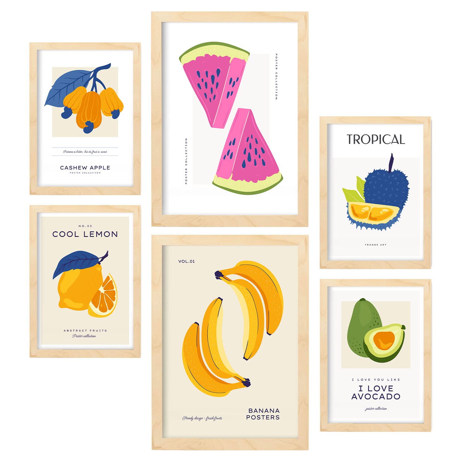 Nacnic set de 6 posters de comida y alimentación frutas coloridas láminas de naturaleza y nutrición para el tamaños a3 & a4 marcos color madera