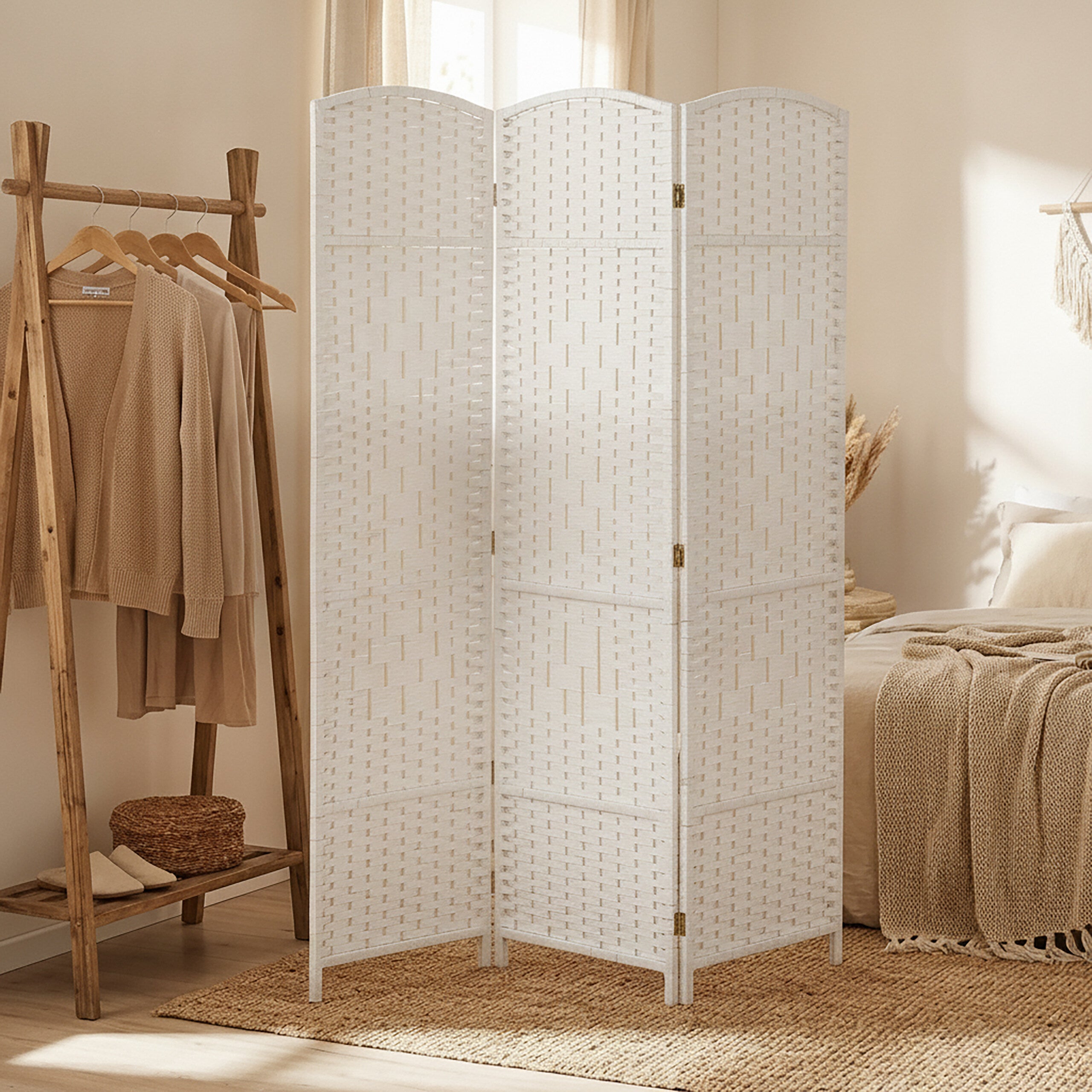 Paravent, bois et corde de papier, brise-vue pliable, 3 volets, H x L : 170 x 120 cm, pour intérieur, blanc, Relaxdays - 3