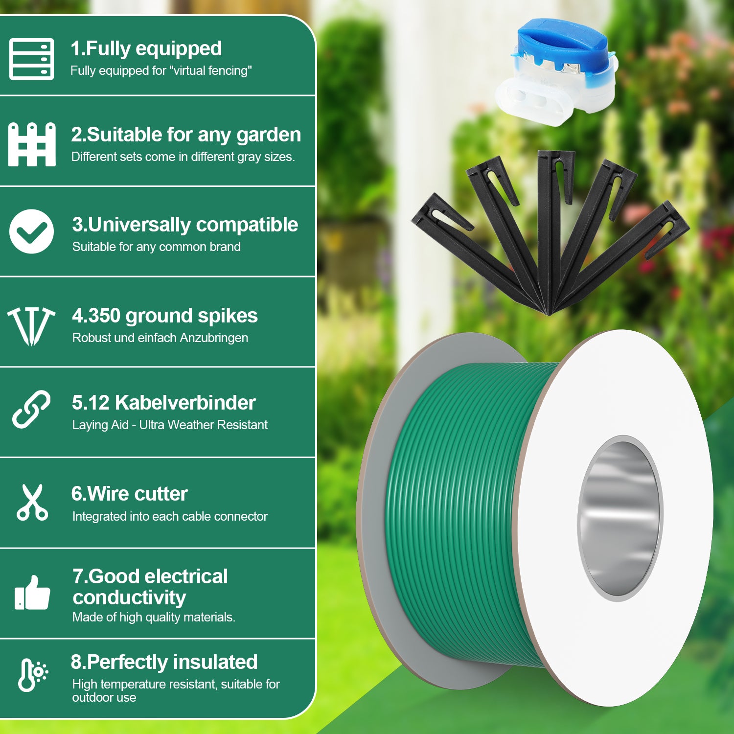 Câble périphérique de 100 m pour robot tondeuse à gazon, connecteur de câble, piquets de jardin, piquets de terre - 2