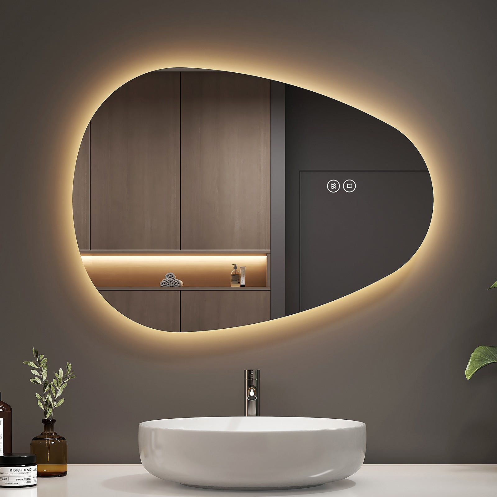 EMKE Asymetryczne Lustro łazienkowe z oświetleniem LED 60x45 cm, z 3 barwy światła, możliwość ściemniania, przeciwmgielne, funkcja pamięci, IP44
