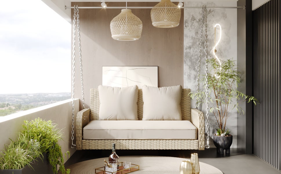 Balançoire canapé d'extérieur 2 places en rotin beige | Coussins amovibles et lavables (assise/dossier) - 2
