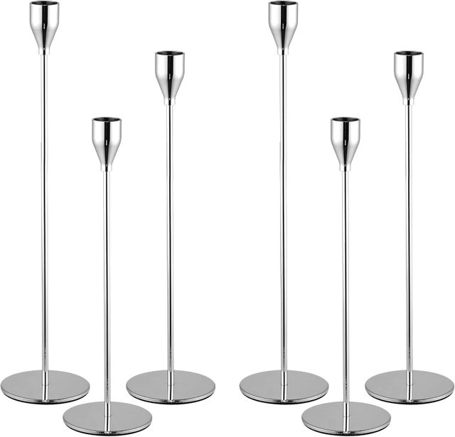 Lot de 6 bougeoirs argentés, grands bougeoirs en métal pour bougies coniques, compatibles avec les bougies de 1,9 cm d'épaisseur, pour mariage, salon,