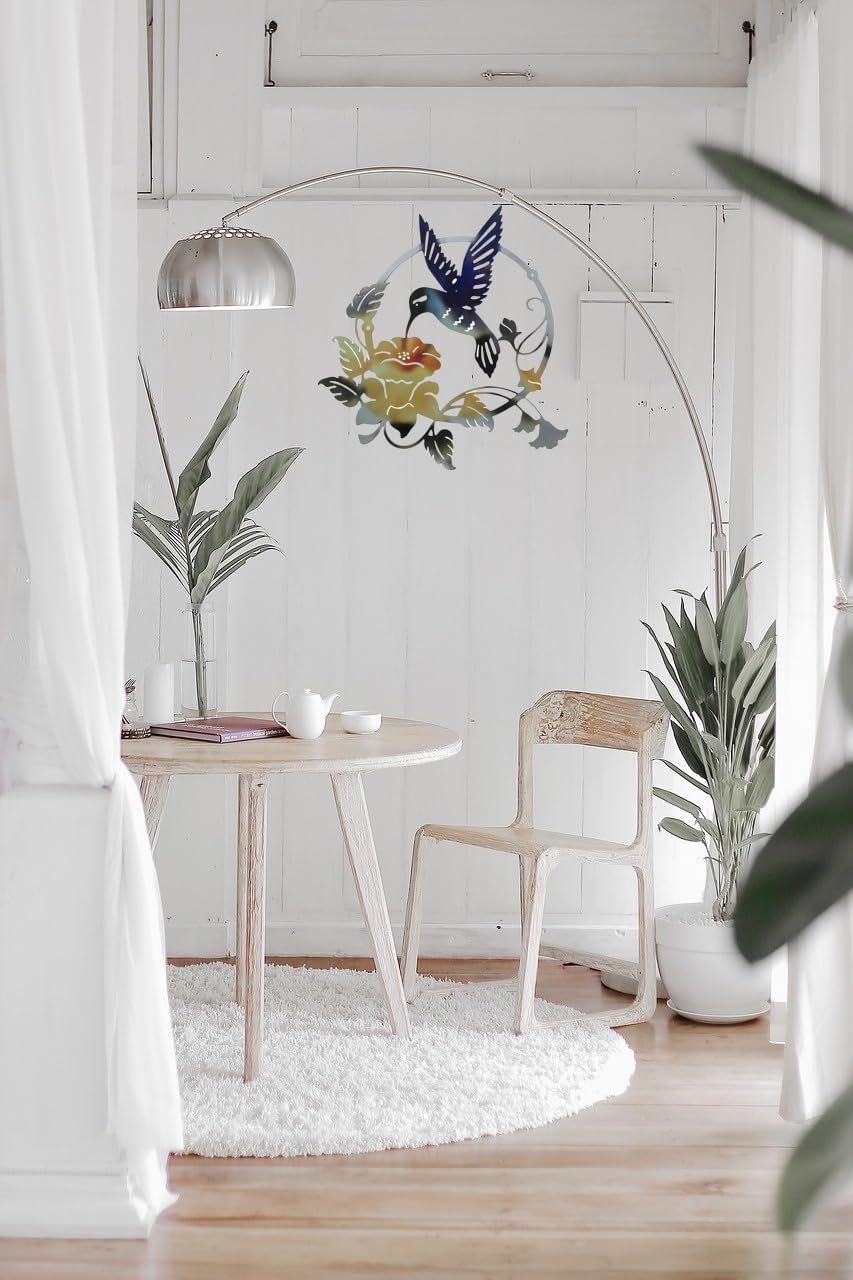 Art Mural d'Oiseaux en Métal, Décoration Murale Ronde de Colibri, Fleurs d'Extérieur, Ornement à Suspendre pour la Maison et le Jardin - 3