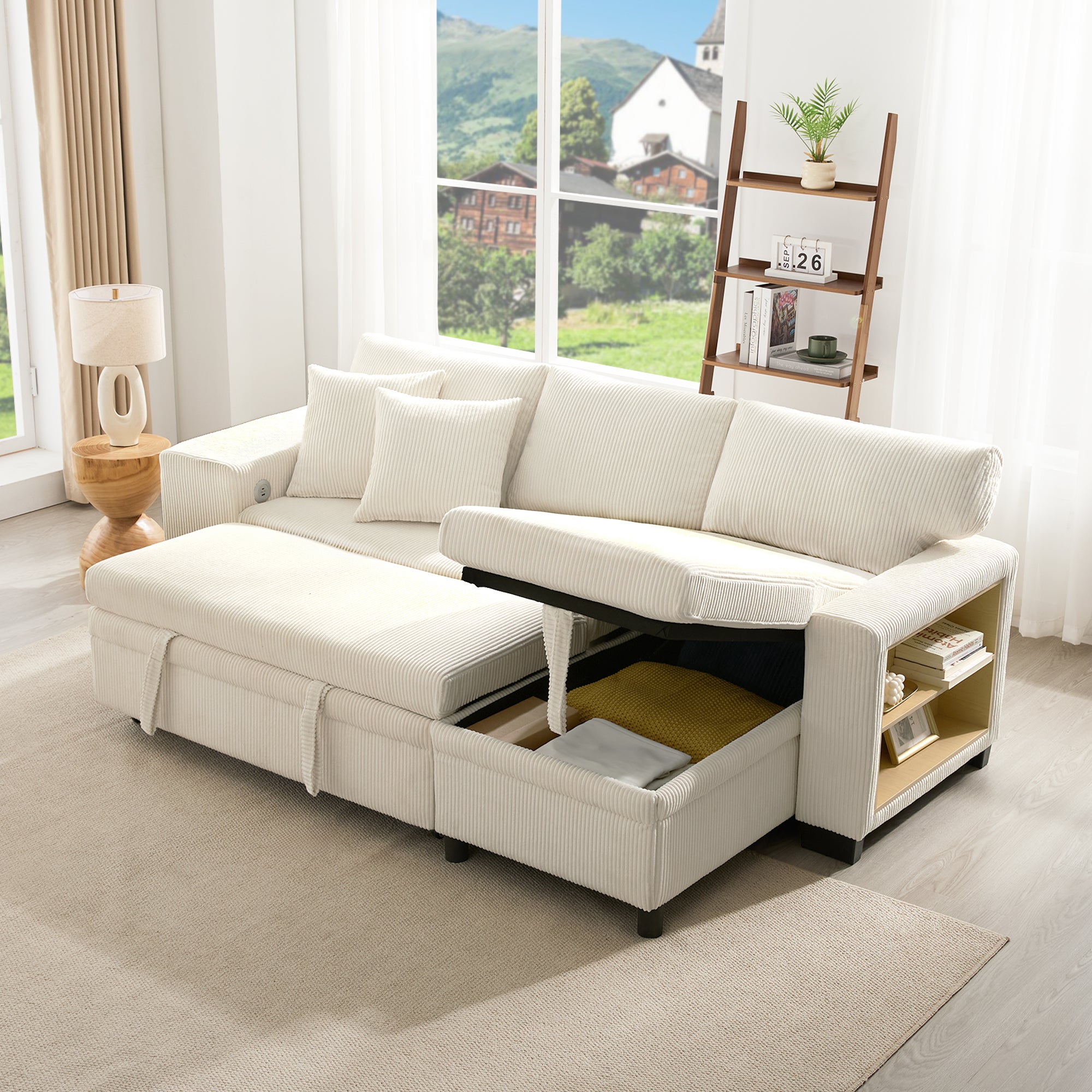Canapé d'angle 3-4 places convertible en lit avec prise de USB et tablette latérale - 209 x 130 x 84 cm - Tissu Velours - 2 tabourets - beige - 8