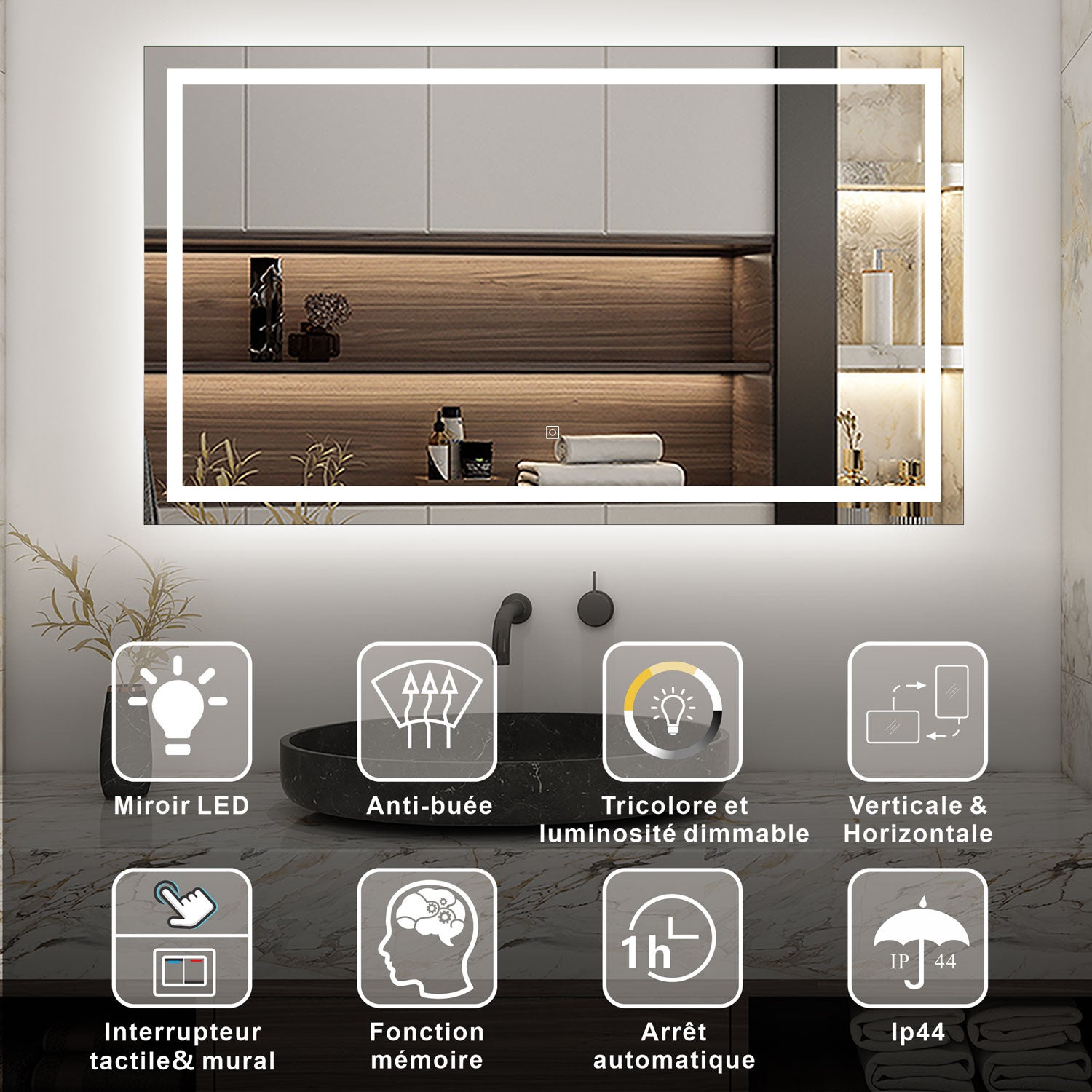 AICA Miroir lumineux 100x60cm,3 couleurs + dimmable + anti-buée + mémoire, miroir salle de bain - 2