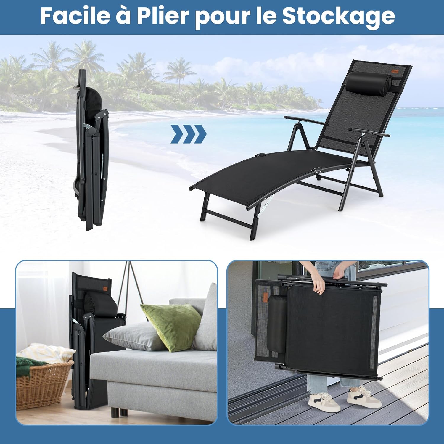 Chaise Longue Pliante avec Dossier Réglable à 7 Niveaux avec Accoudoir et Repose-tête-Transat Jardin Charge 150 KG Noir - 3