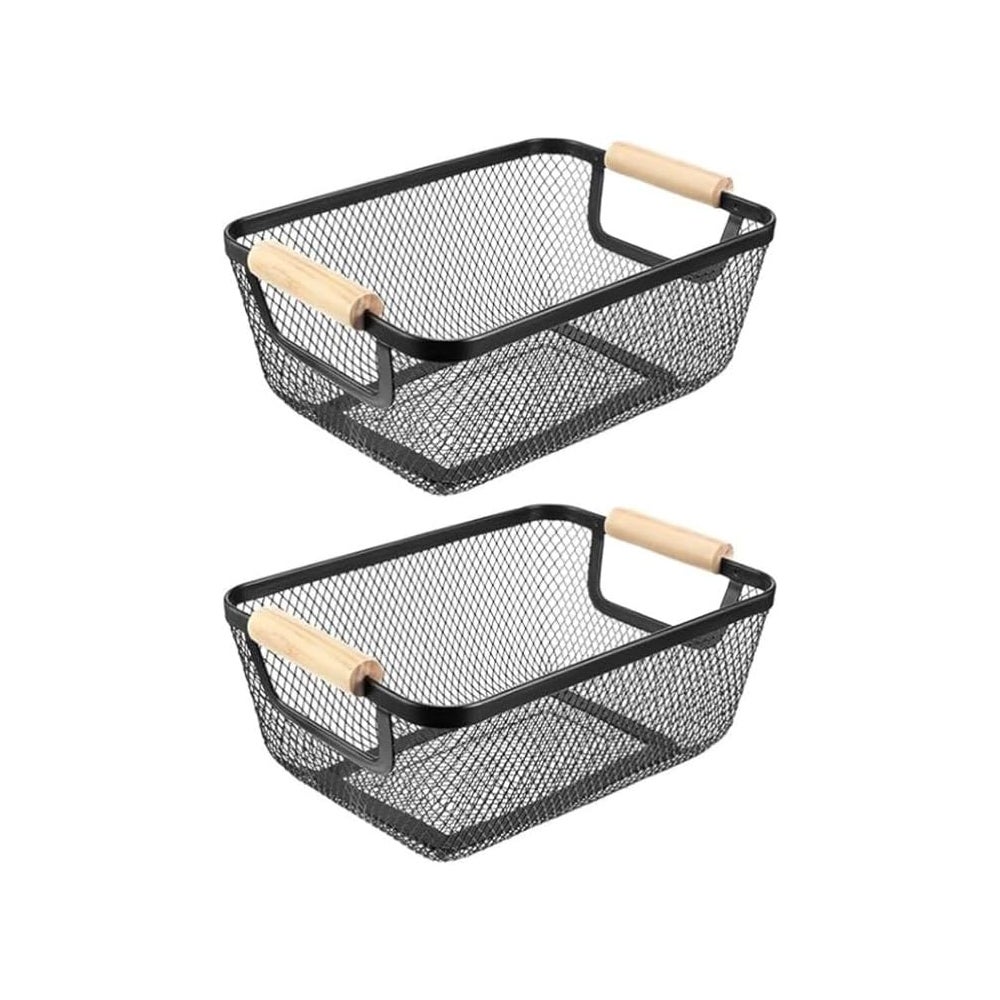 2-częściowe czarne metalowe kosze do przechowywania, drewniane kosze, wielofunkcyjne kosze siatkowe, kosze półkowe do kuchni i spiżarni
