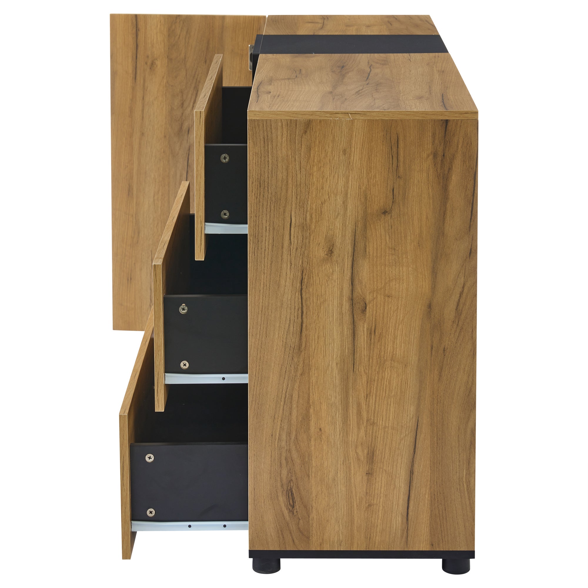 Buffet bas avec 3 tiroirs, commode - 140 x 40 x 80 cm - LEDs - Panneau de particules - Marron + Noir - 7