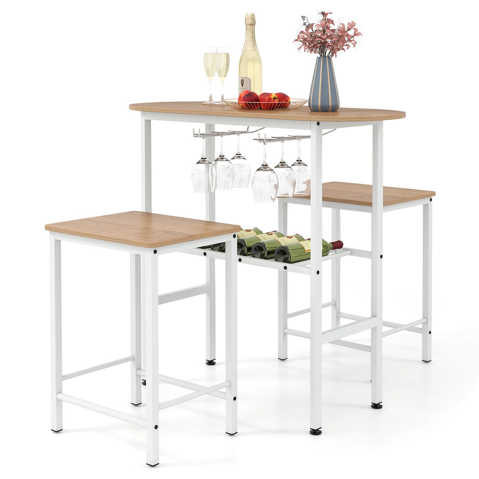 Ensemble Table De Bar Avec 2 Tabourets - Table Haute Cuisine 2 Étagères Et Porte-Bouteilles, Style Industriel