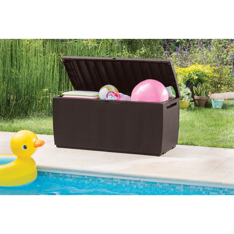 Coffre de rangement extérieur Keter Capri 350L avec roulettes et siège - Effet rotin marron - 4