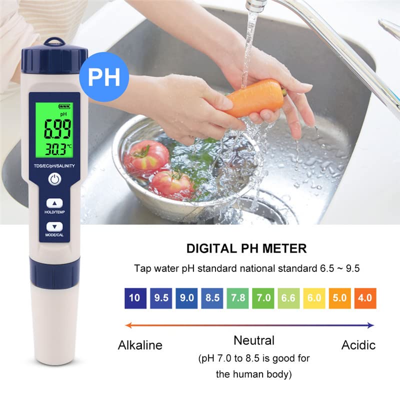 pH-mètre pour l'eau, pH/TDS/EC/salinité/thermomètre 5 en 1 avec écran LCD, pH-mètre,compensation automatique de la température - 2