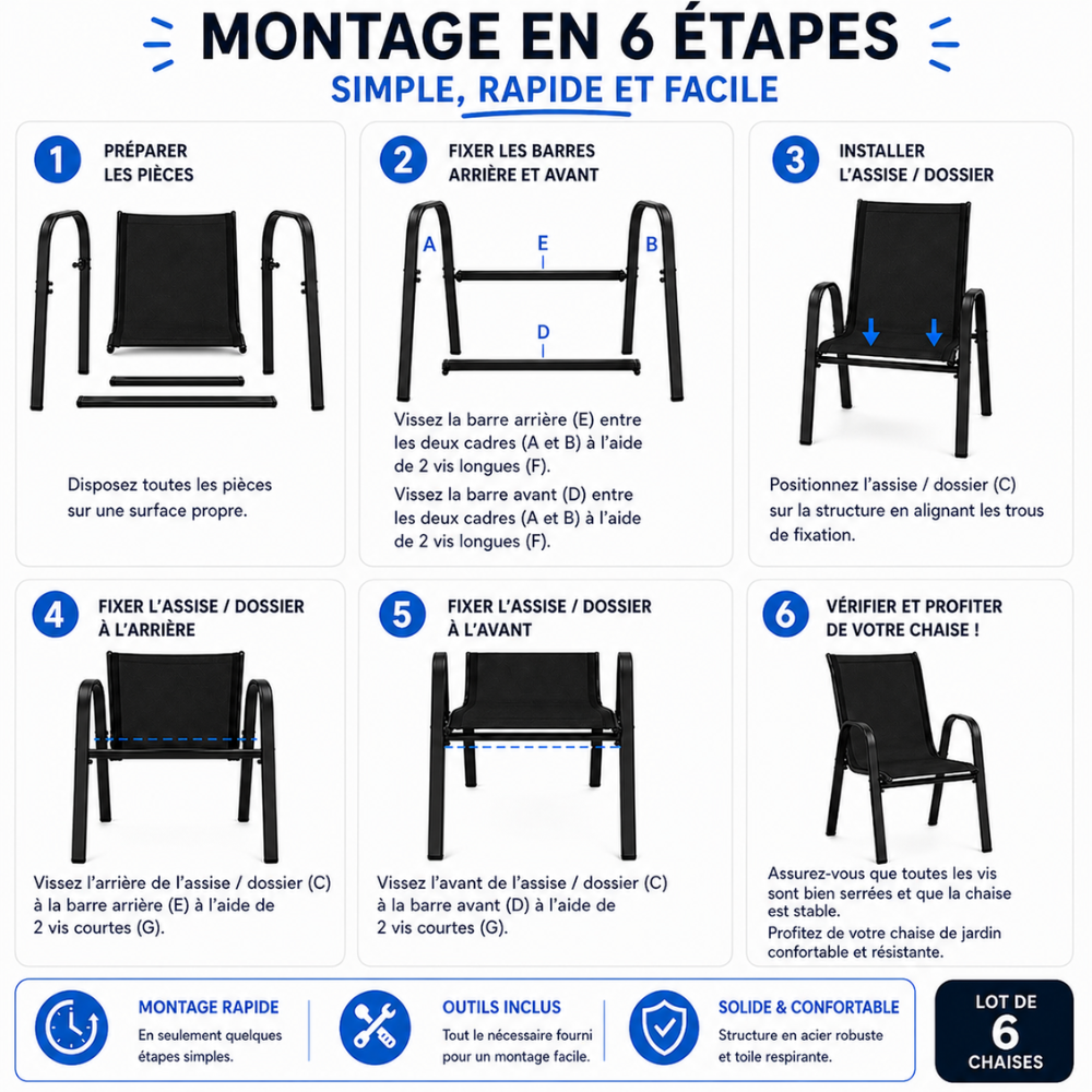 Lot de 6 Chaise de jardin sans coussin Chaises de jardin empilables textilène x6 Unité Noir en Textilène Noir - 8
