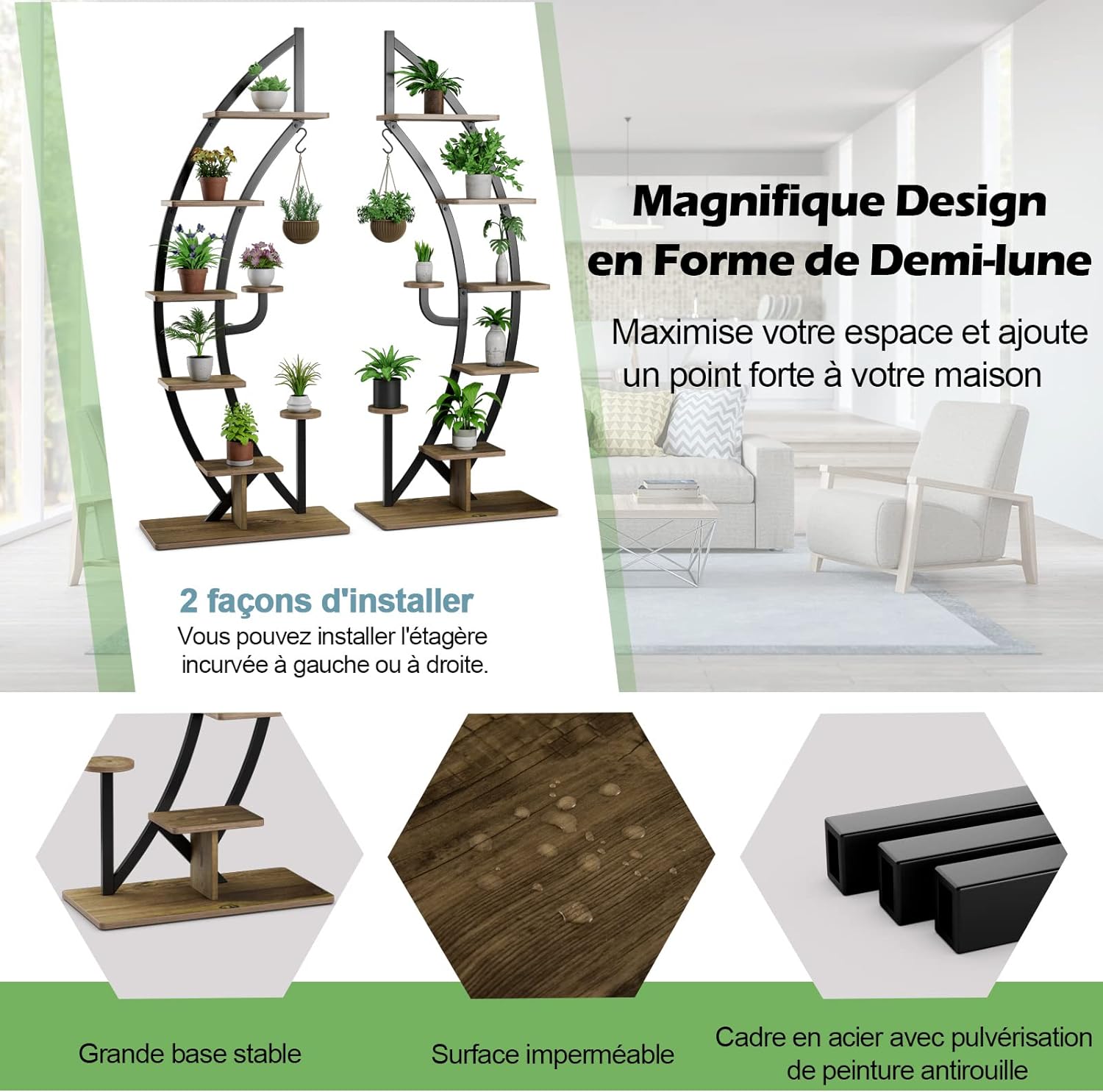 Support de Plante en Métal à 7 Niveaux, Étagère à Fleurs avec Crochet, Porte Plantes en Forme de Demi-lune, 60 x 30 x 155 CM, Marron - 4