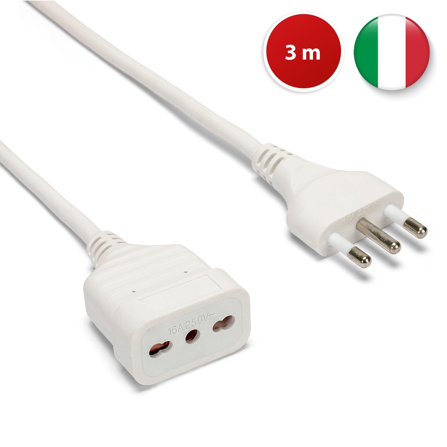 Rallonge italienne 3 m: fiche et prise 10A, blanc - câble 3G0,75 mm² - 2